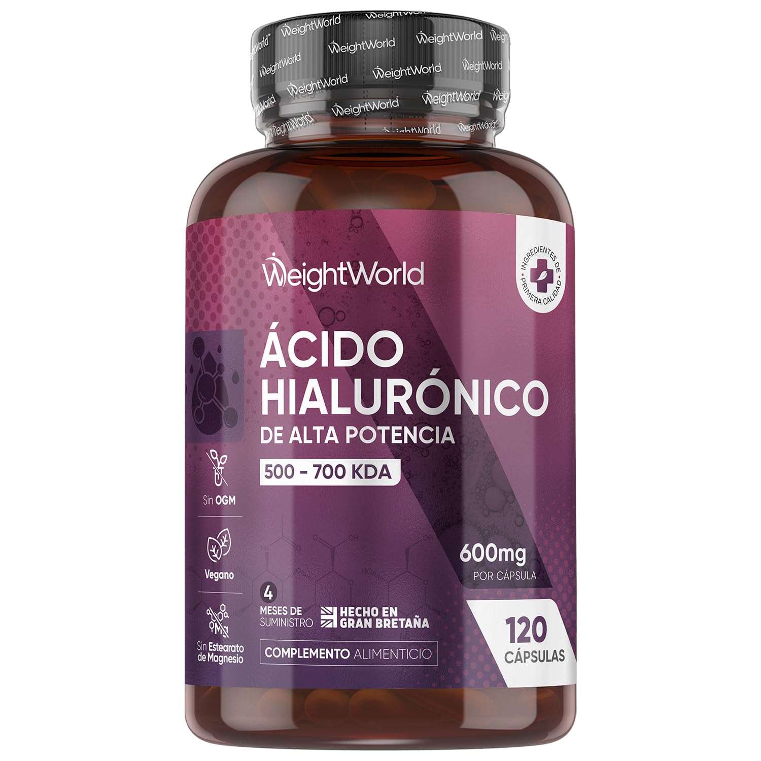 Ácido Hialurónico 600mg por Porción - 120 Cápsulas Veganas de 500-​700 KDA - Ingredientes de Origen Natural, Sin OGM, Sin Químicos, Sin Gluten y Sin Lactosa para 4 Meses de Suministro