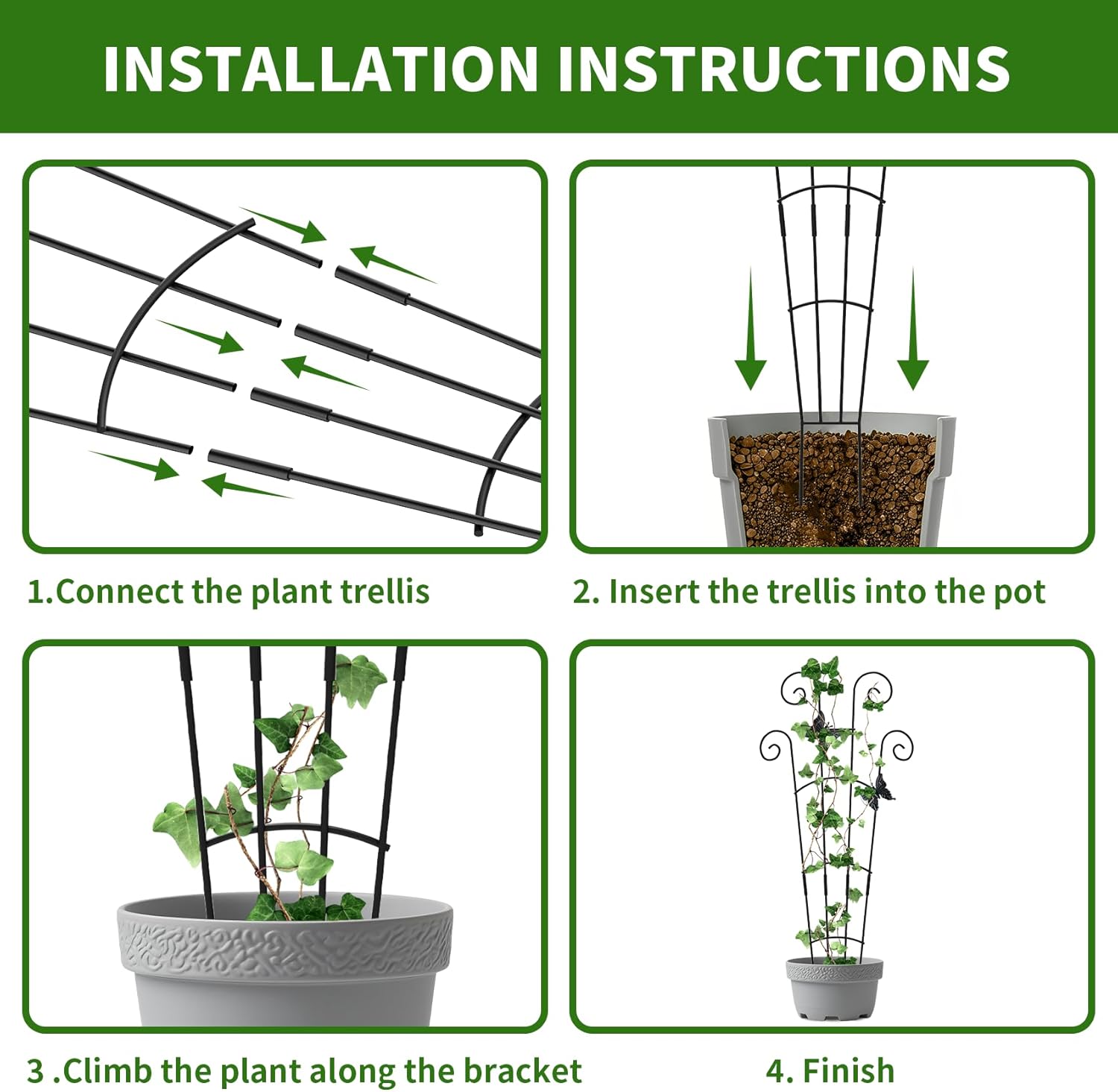 4 Pack 30 InchTaller Plant Trellis for Potted Climbing Plants Indoor,Expandable Metal Garden Trellis for Climbing Plants, Flowers Vine Ivy, Sturdy Houseplant Support for Potted Plants with Ties