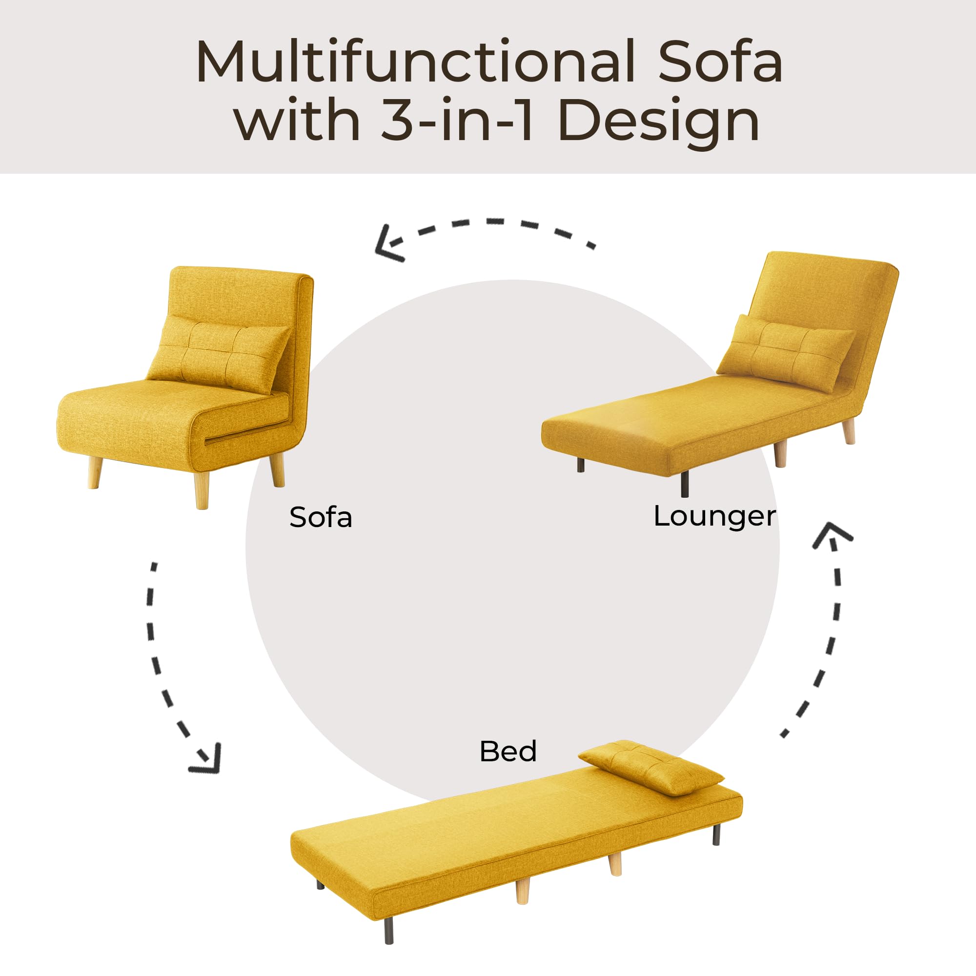 Bealife Sillón Convertible 1 Plaza, Sillón Cama 3 en 1, Sofá Cama Individual con Respaldo Ajustable en 5 Posiciones, para Salón, Dormitorio, Oficina, Amarillo