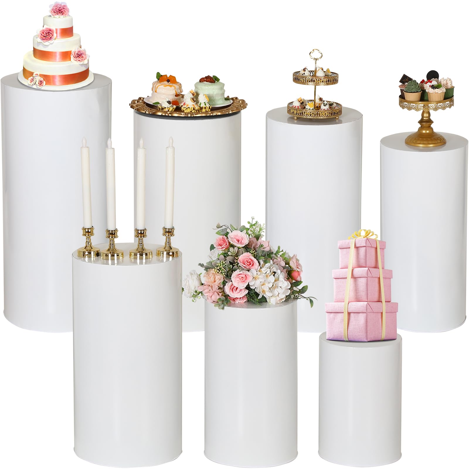 Mifoci 7 Pcs Metal Cylinder Stand Round White Cylinder Pedestal Stand Backdrop Columns for Cakes Birthday Dessert Display Table Plinths Pillars for Decoration (11.8-35.4 Inch)