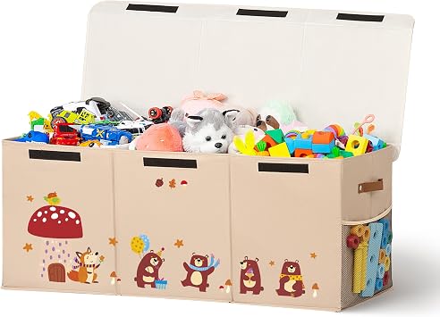 Large Toy Box,Storage Box with Lid-39.5"x13"x16"Dark Khaki-bear