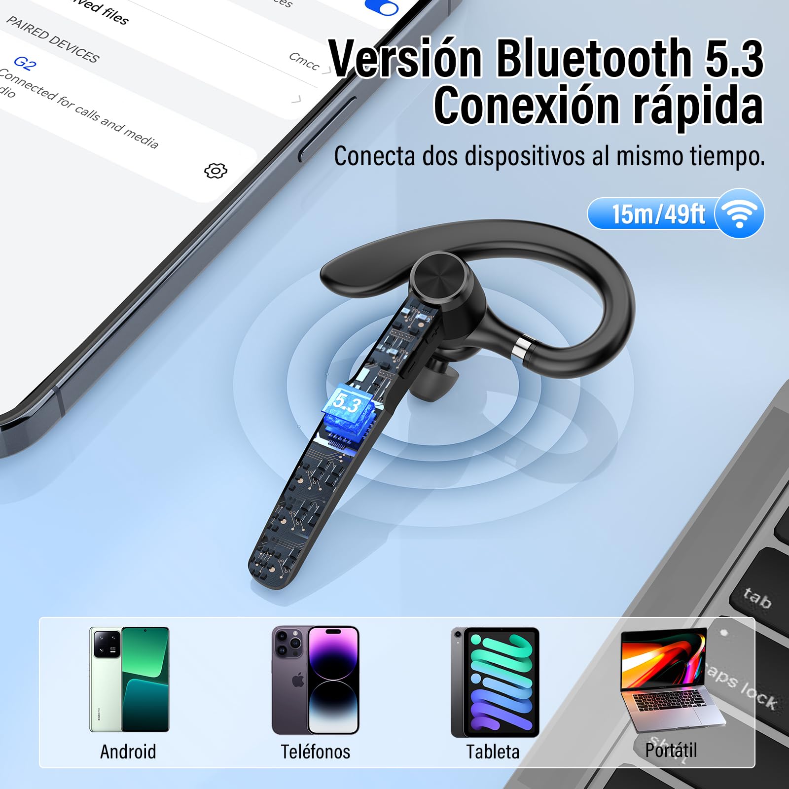 Manos Libres Auricular Bluetooth V5.3 con ENC Micrófono, 60H Hablar Pinganillo Bluetooth Movil, 2025 Auricular Inalámbrico Bluetooth con Ganchos para Negocios/Oficina, Carcasa de Carga LED, Negro