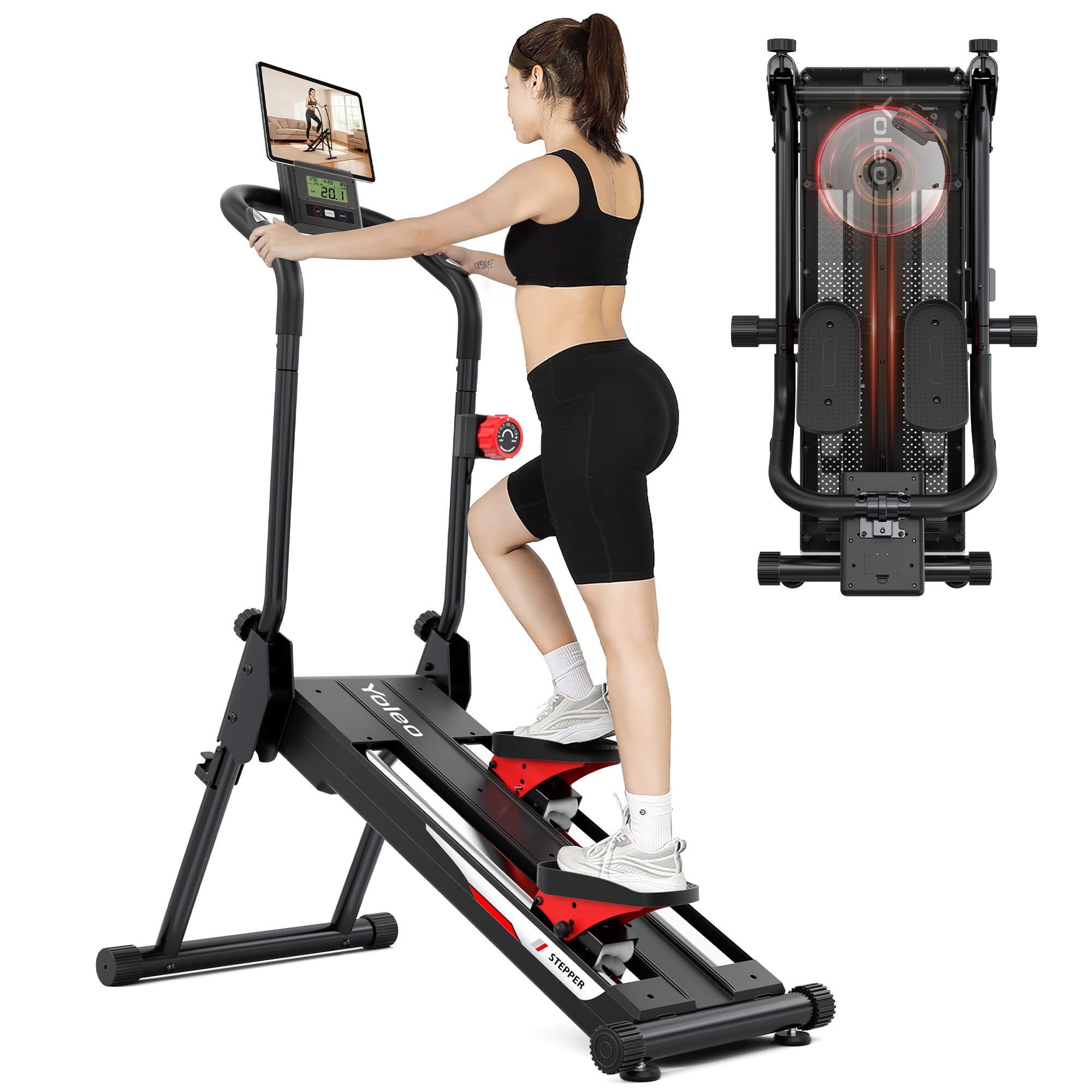 YOLEO Profi Stair Stepper mit Magnetwiderstand, 16-stufiger Treppensteiger für Zuhause, klappbares Cardio Fitnessgerät mit Handlauf, 71 cm Schrittlänge, LCD & Herzfrequenzsensor