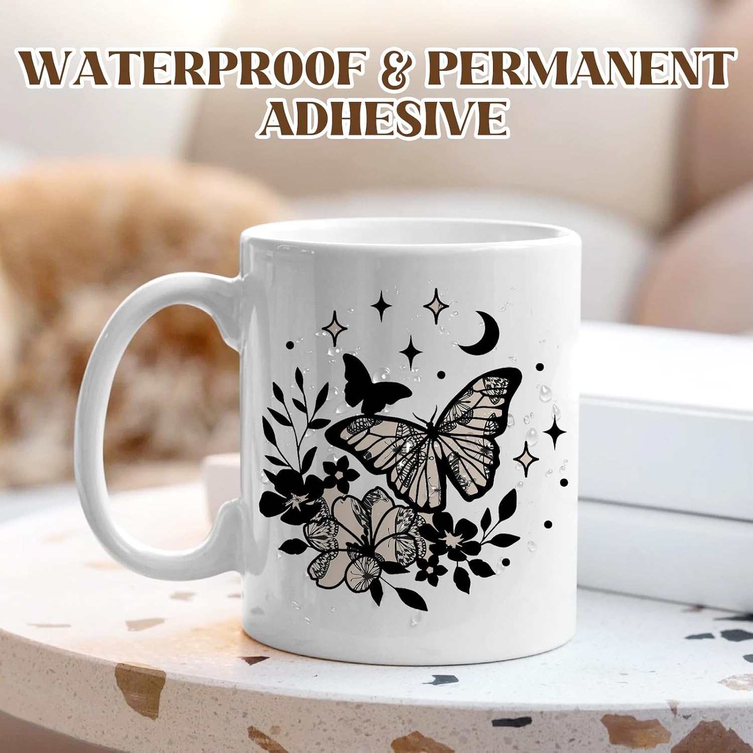 Boho Permanent Adhesive Vinyl-12 Sheets 12'' x 10'' Black and IvoryPattern Self Adhesive Vinyl Water proofing Permanent Vinyl for Mugs