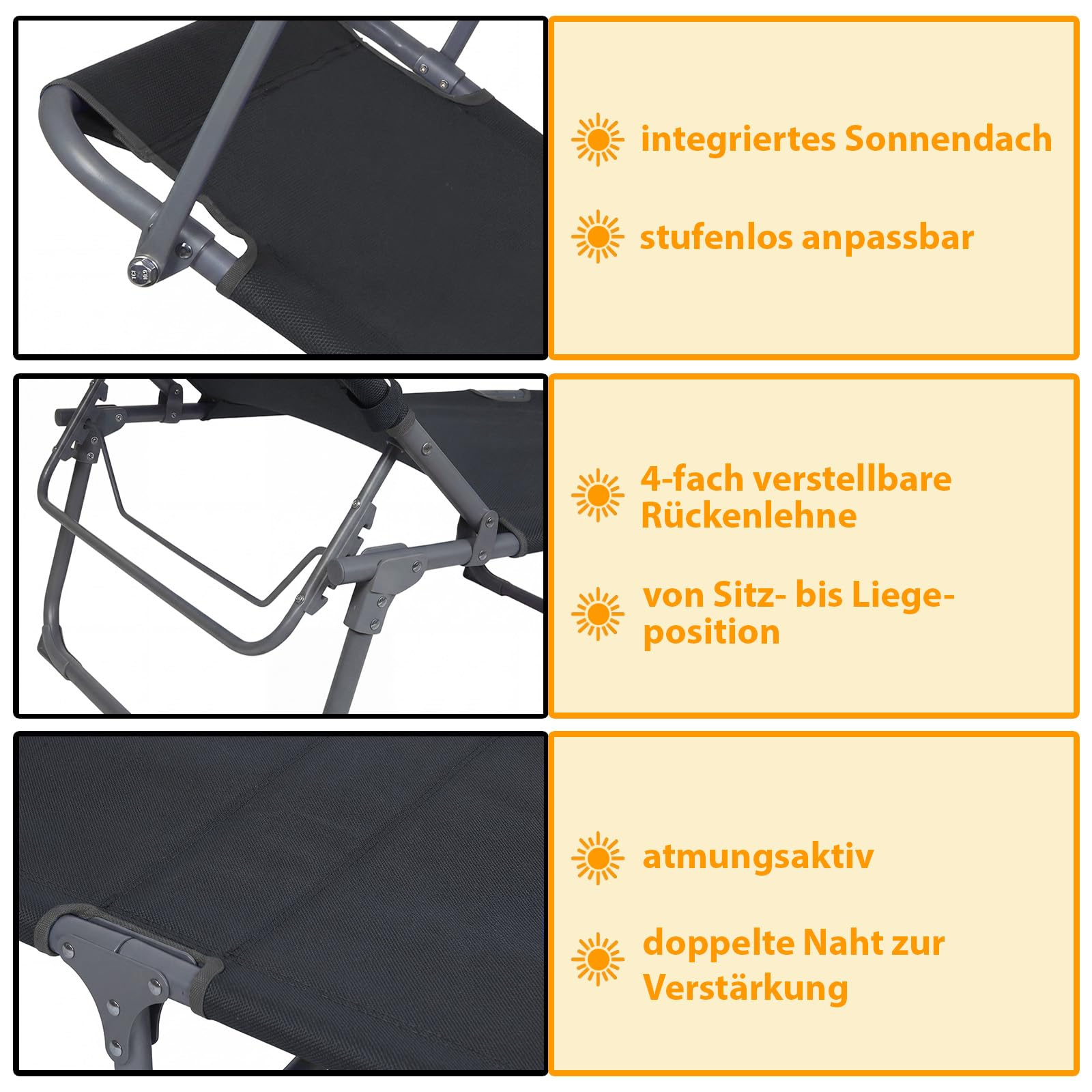Montafox Sonnenliege 195 x 59 x 32 cm Strand Liege Tragbar max.150 kg Sonnendach Verstellbar Rückenlehne Garten Pool Terrasse Klappbarer Liegestuhl, Farbe:grau