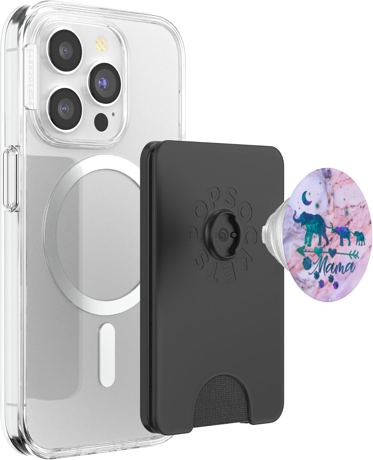 Teal Blue Purple Mama Elephant Two Babies Pink Gray Blue PopSockets PopWallet for MagSafe