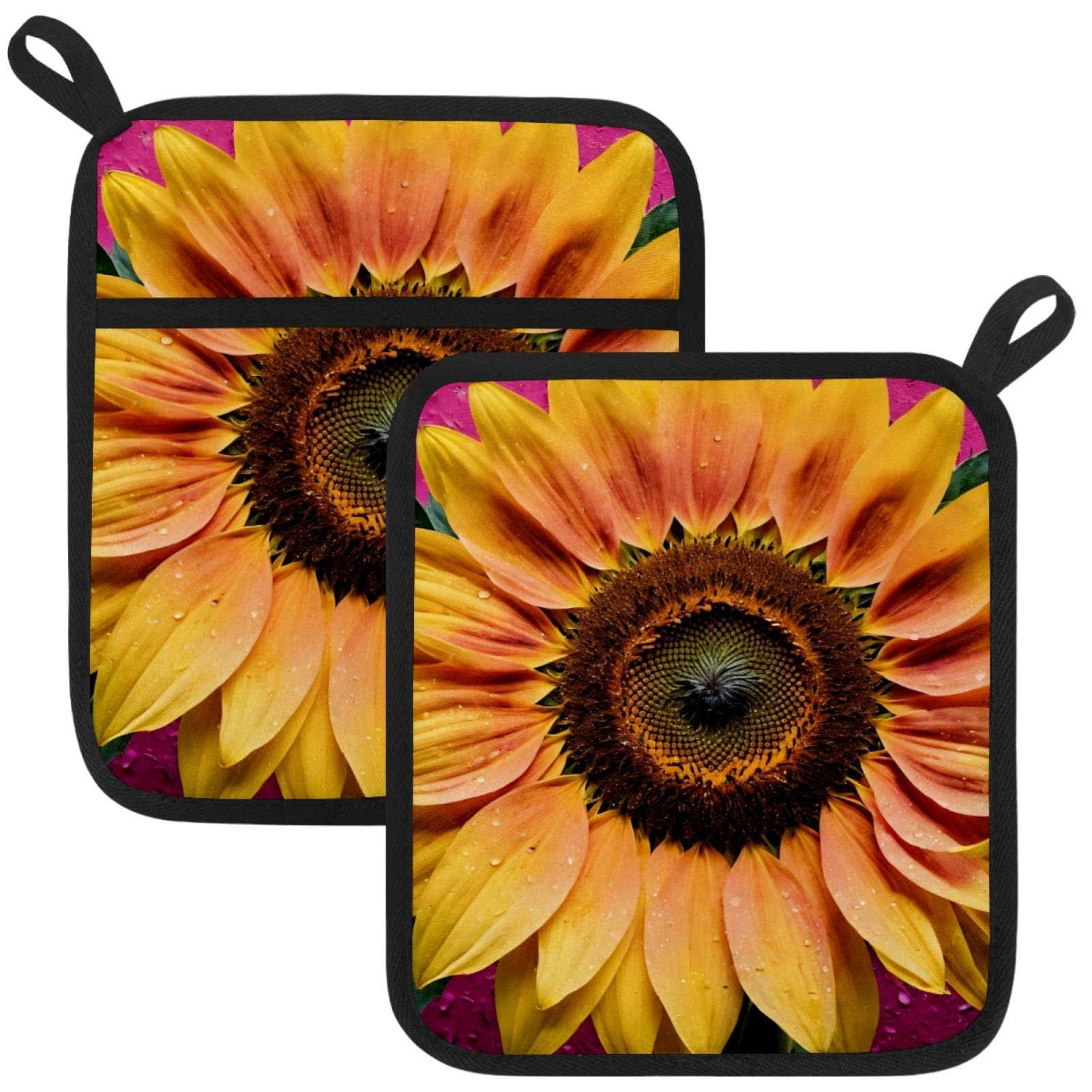 VAPOKF Sunflower Floral Heat Resistant Pot Holders, Thick Pot Holders Pad with Hanging Loop for Kitchen, Oven Cloth Pads for Kitchen Baking Microwave Oven