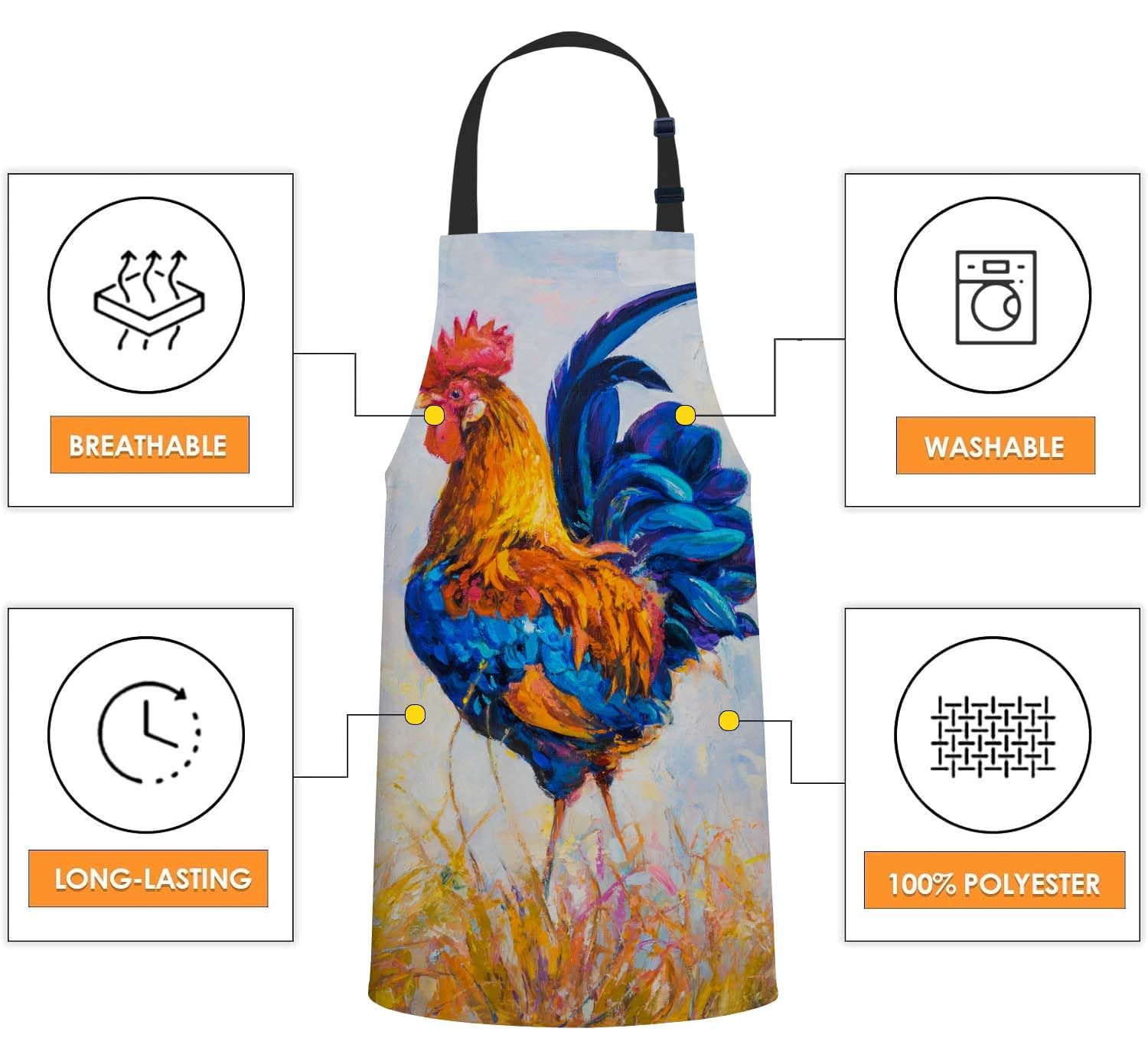 Smooffly Multicolored Rooster Apron - Unisex Adjustable Bib Apron for Home Kitchen Restaurant, Coffee House - Image 4