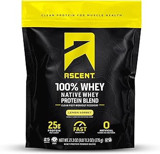 Ascent 100% Whey Protein Powder - Post Workout Whey Protein Isolate, Zero Artificial Flavors & Sweeteners, Gluten Free, 5.5g BCAA, 2.6g Leucine, Lemon Sorbet 1.7 lb