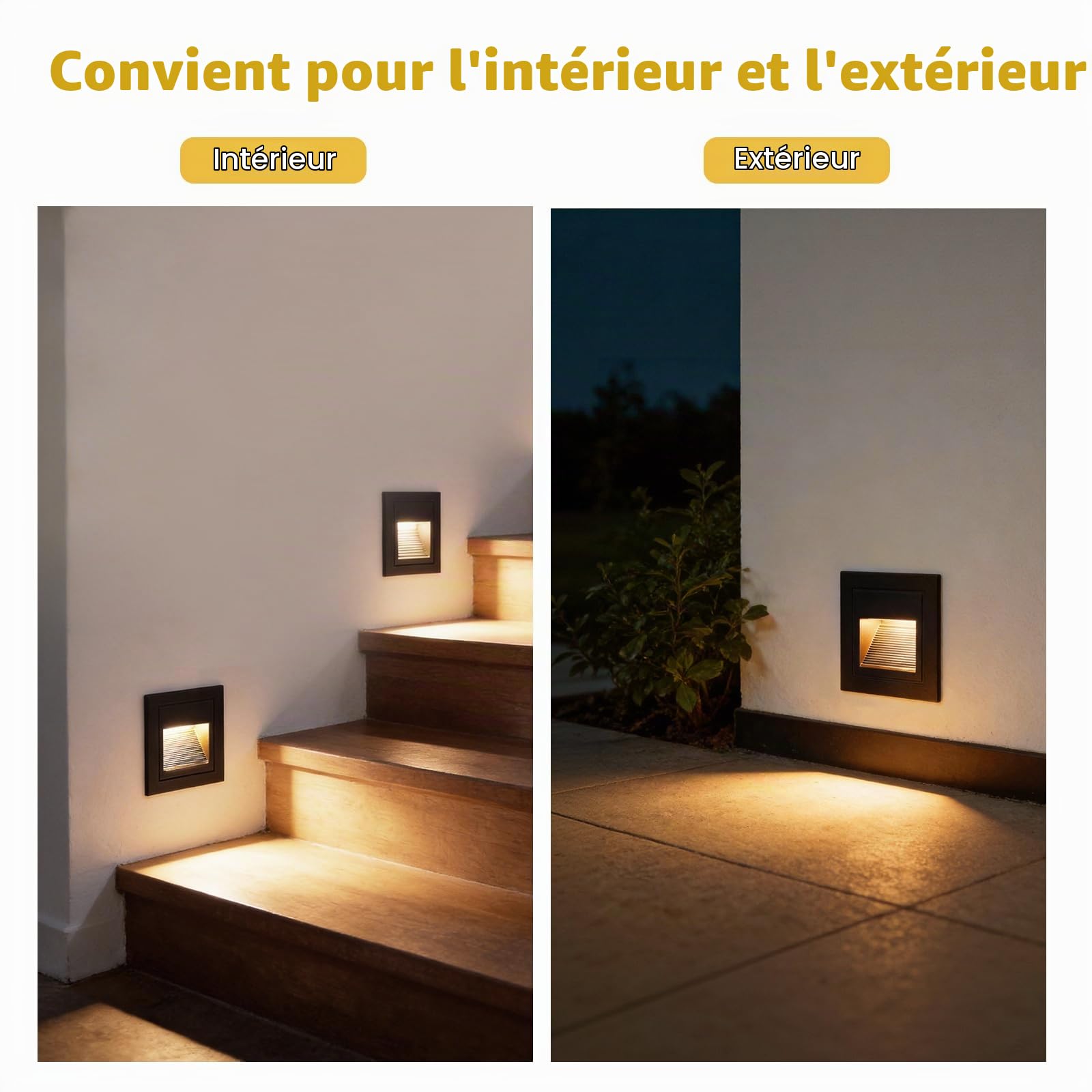Eclairage Escalier 3W 300lm - 6 Pièces, 3000K Luminaire LED, 85x85mm, IP65 Applique Encastrée, 230V Luminaire D'escalier pour Escalier Mural, Douilles Encastrées 68mm, Aluminium Noir