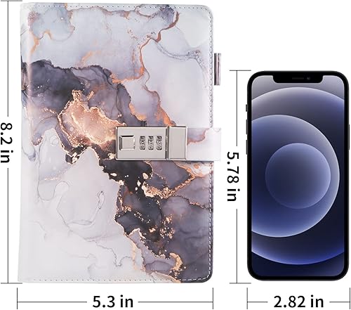 Miniatura 5 de Diario de mármol con cerradura para niñas y mujeres, diario de cuero A5 con cerradura para adolescentes, cuadernos secretos con bloqueo de