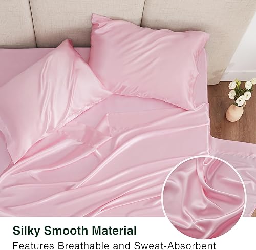 Miniatura 3 de Love's cabin Juego de sábanas de satén King  Juego de sábanas de satén sedoso de 4 piezas de color rosa con bolsillo profundo, juego de sábanas de