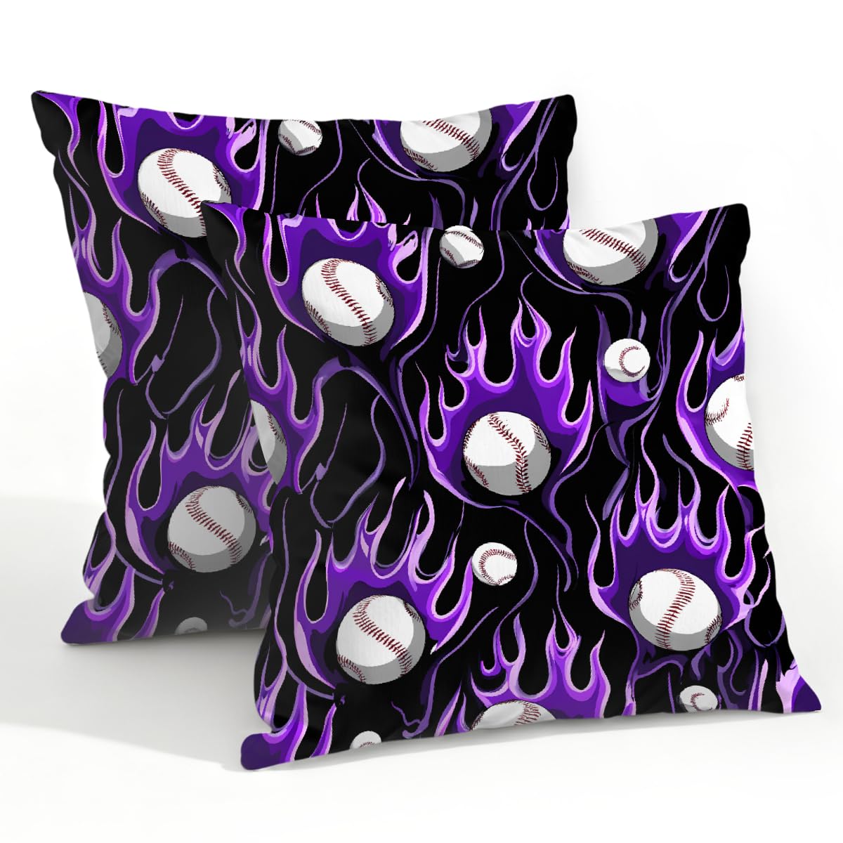 Outdoor Pillow Covers Waterproof Pillowcases 22x22in Set of 2 Purple Flaming Baseball Sports Decorative Throw Cushion Case for Couch Sofa Garden Patio Furniture