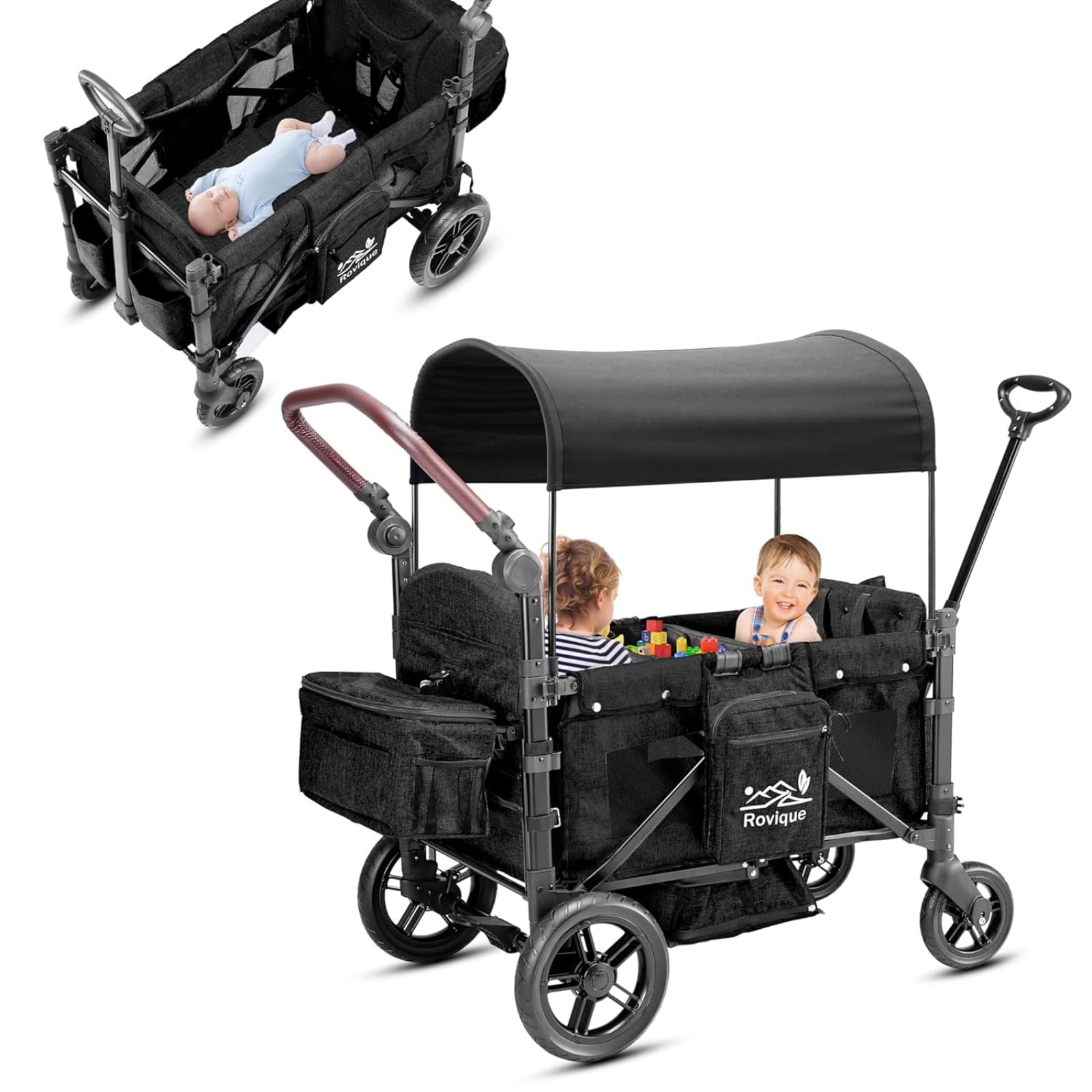 Chariot pliable Rovique avec toit solaire réglable – Chariot à 2 places, poussette avec harnais 5 points, poignée réglable en hauteur, fonction pousser-tirer, roues en PU avec freins, sac de rangement