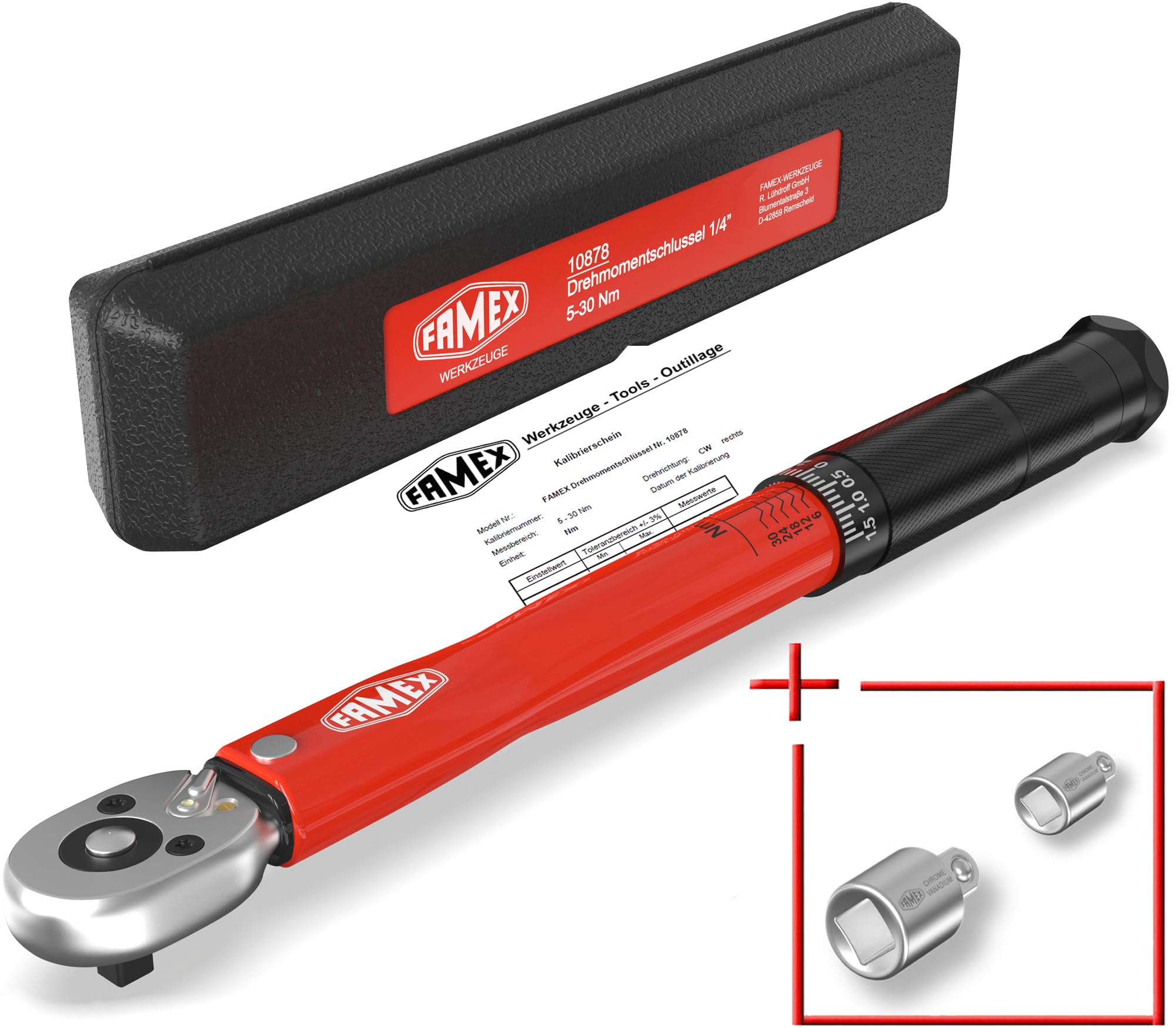 FAMEX 10878-2A - Chiave dinamometrica 1/4" (6,3 mm), 5-30 Nm, per la misurazione in entrambe le direzioni di rotazione, per bicicletta, e-bike, auto, meccanica, adattatore, piccola