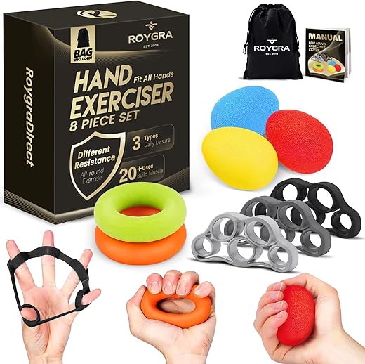 roygra Hand Grip Strengthener, Finger Exerciser, Multiple Resistance Levels Kit - 3 Types, Set of 8