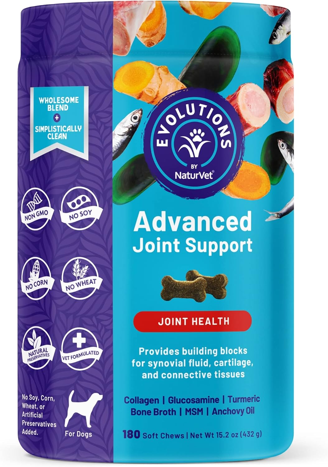 Evolutions by NaturVet Advanced Joint Support 180ct Soft Chews for Dogs - Anchovy Oil, Bone Broth, Collagen, Glucosamine, Turmeric, MSM - Helps Support Synovial Fluid, Cartilage, Connective Tissues