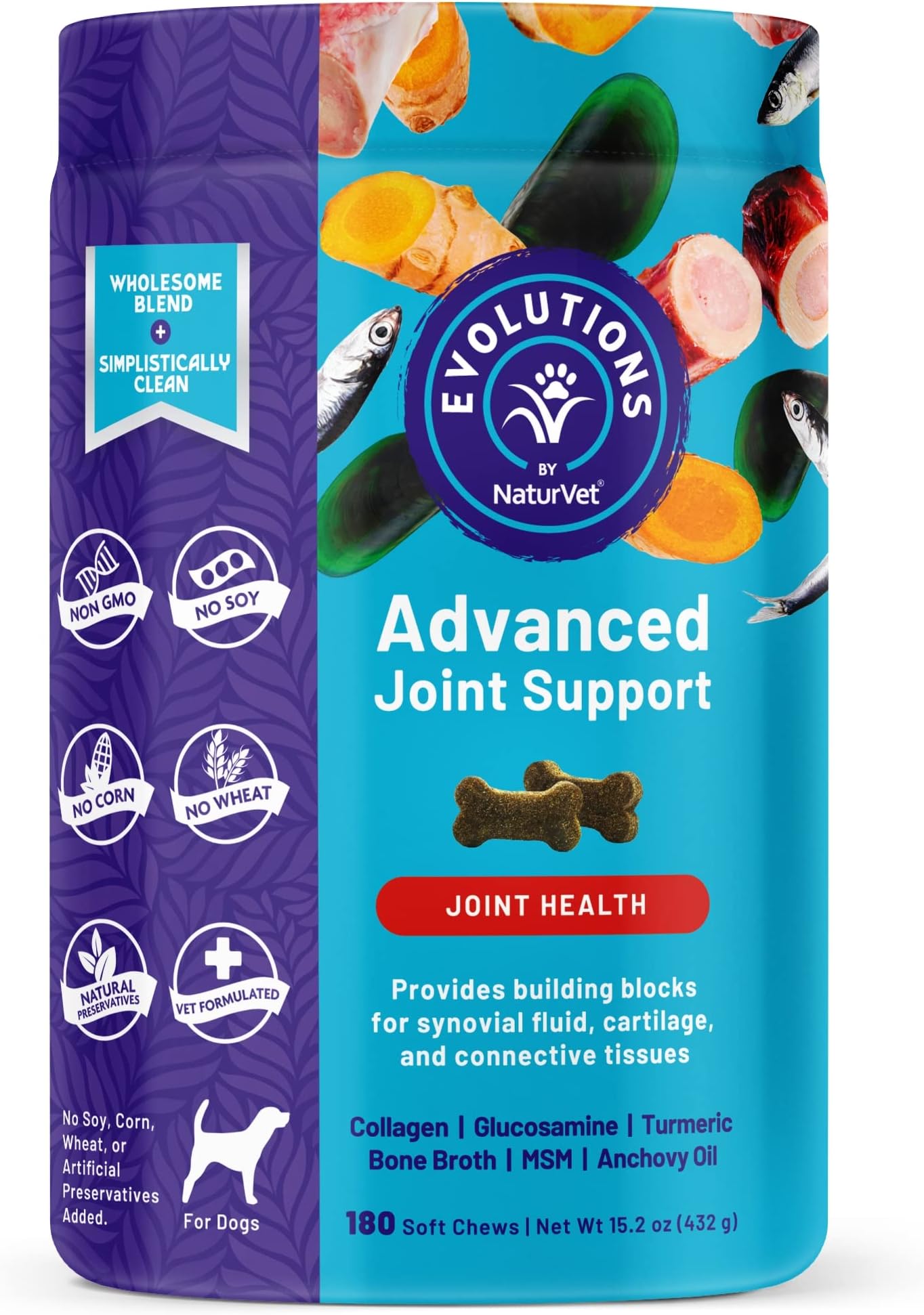 Evolutions by NaturVet Advanced Joint Support 180ct Soft Chews for Dogs - Anchovy Oil, Bone Broth, Collagen, Glucosamine, Turmeric, MSM - Helps Support Synovial Fluid, Cartilage, Connective Tissues