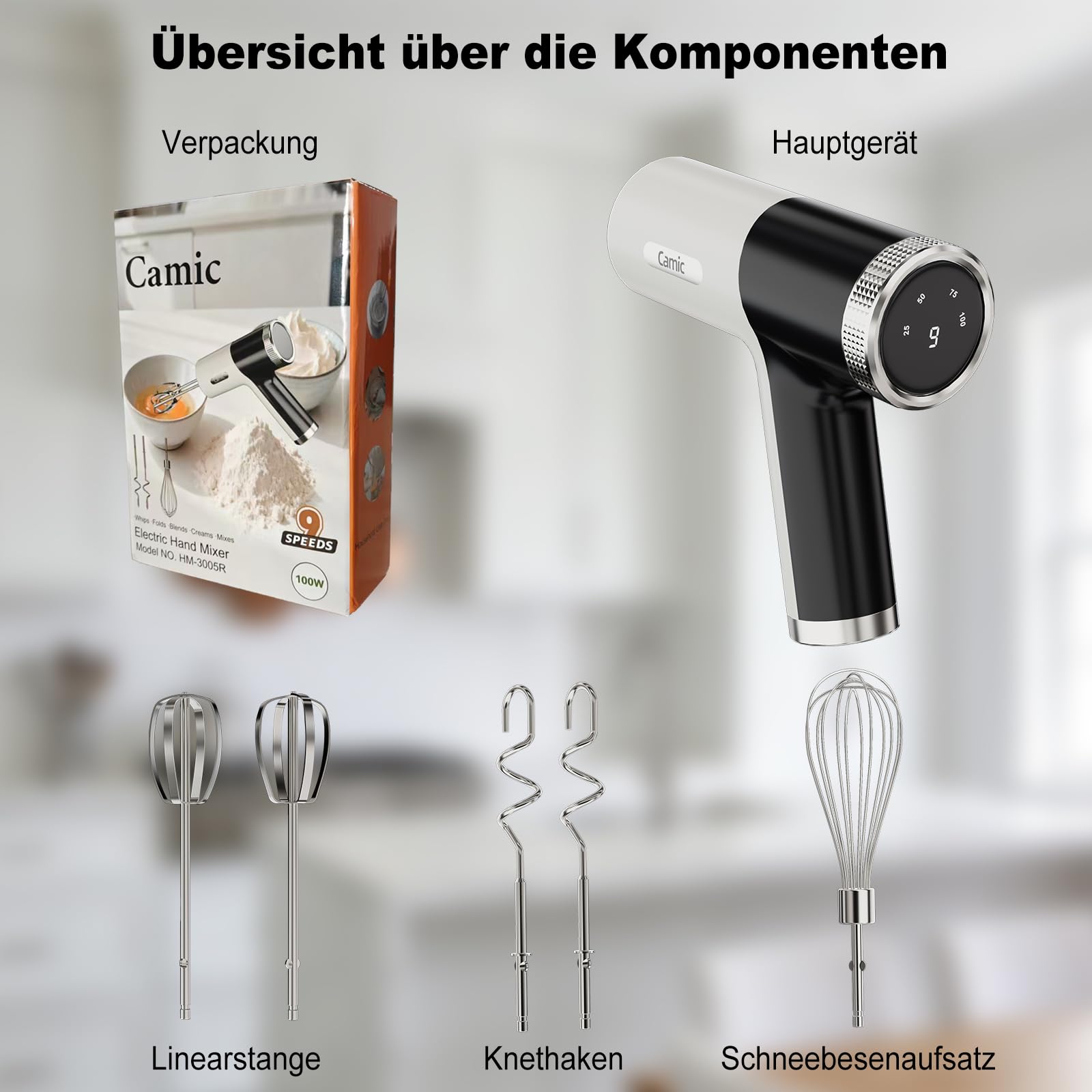 Camic Handmixer mit 9 Geschwindigkeitsstufen, Kabelloser Elektrisch- Handrührgerät mit Schneebesen, Knethaken und Rührstab zum Schlagen von Eiern, Sahne und Marmelade sowie zum Mixen