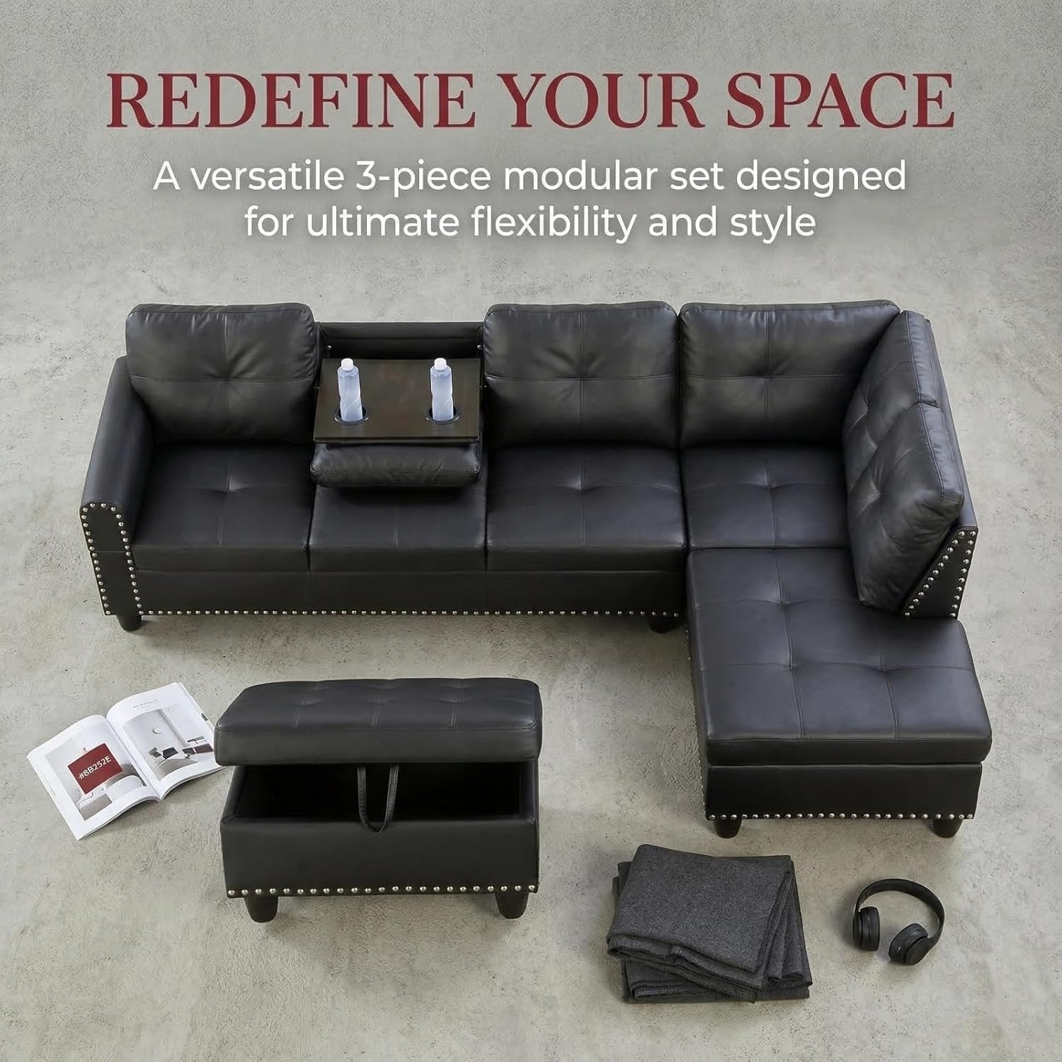 97.5" L-Shape Sofa with Storage Ottoman & Reversible Coffee Table, Leather Sectional Couch with Right Chaise, Modern 3-Piece Sofa Set, Upholstered Couch Set with Solid Wood Frame, Dark Grey