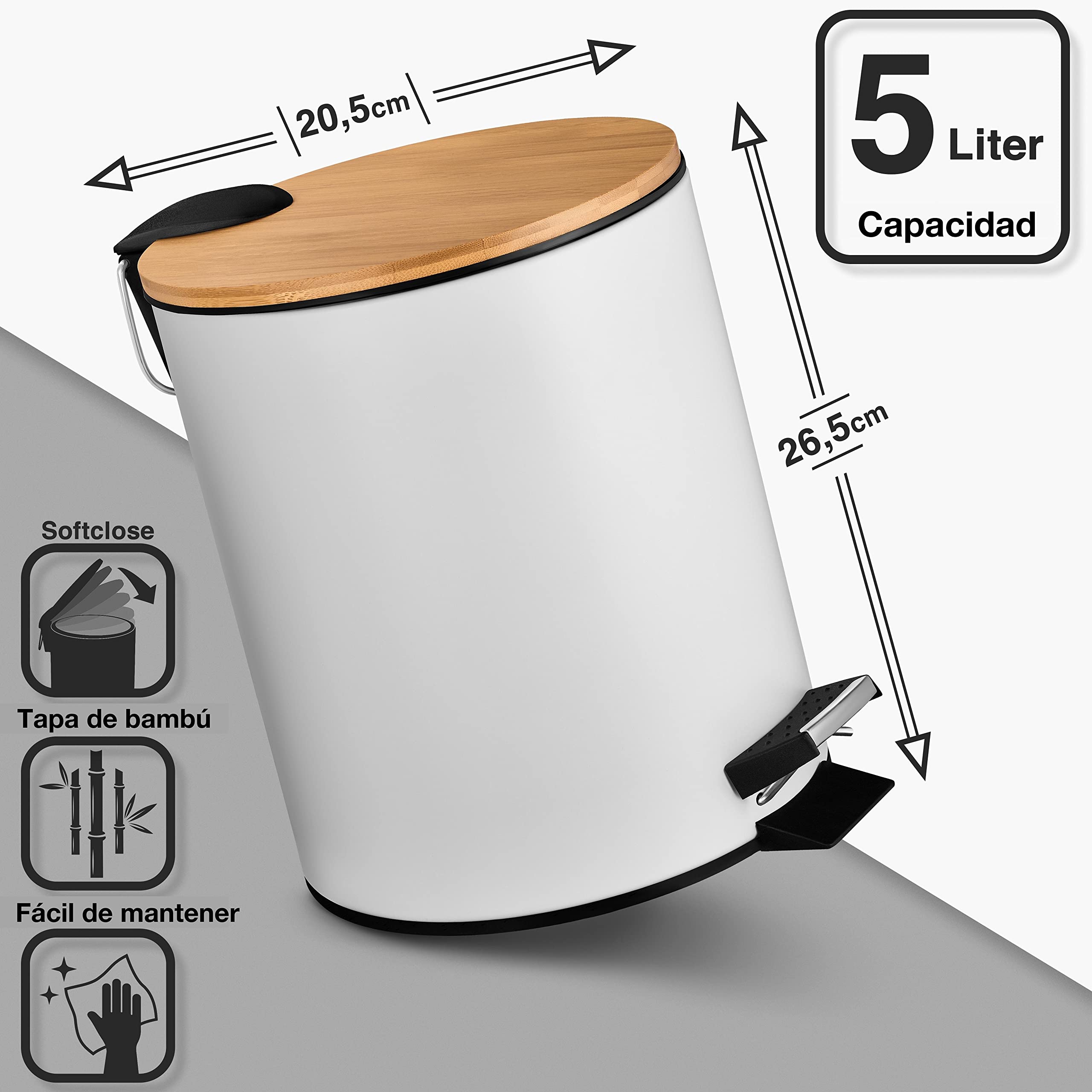 VMbathrooms Papelera baño de 5L en noble diseño blanco | Cubo de baño con cierre suave | Elegante cubo para el baño con contenedor interior y tapa de madera de bambú | + E-Book Gratis