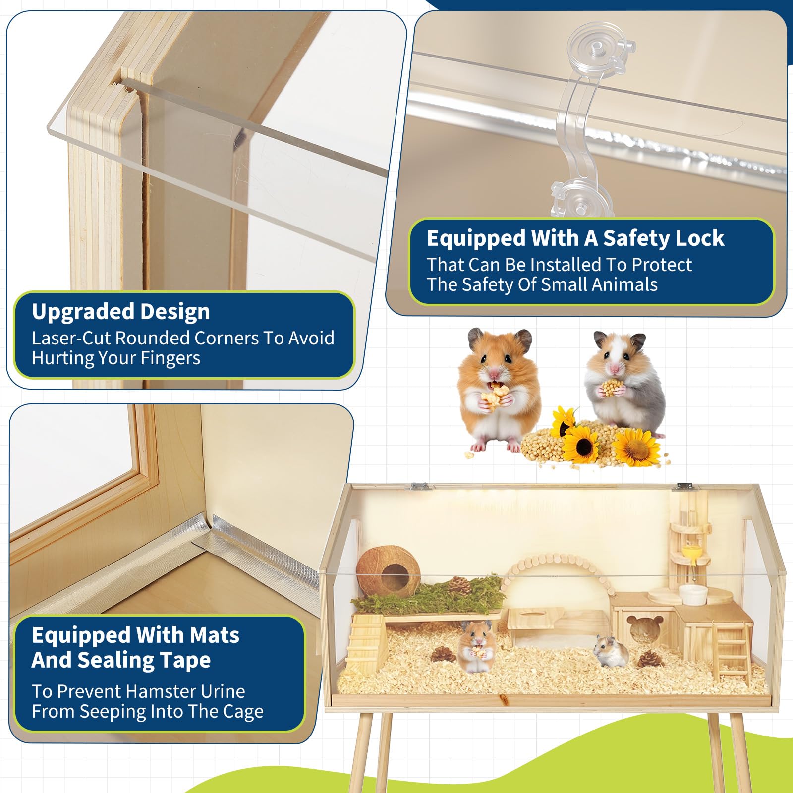 Großer Holz Hamsterkäfig mit Standbeinen Acrylfenster | Geräumiges Gehege mit Sichtfenster Klappdeckel und guter Belüftung für Hamster und Rennmäuse