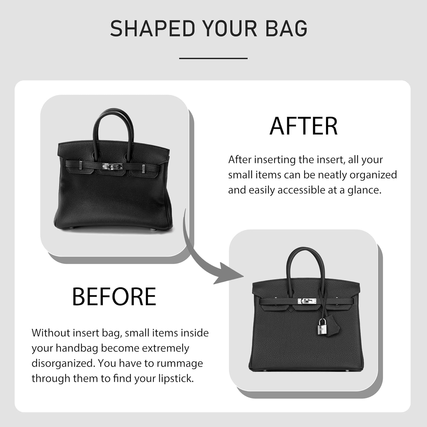 Purse Organizer Insert for Hermes Birkin, Lightweight Storage Divider for Luxury Handbag with YKK zipper Pocket, Premium Felt Large Capacity Bag Shaper(Birkin 30/ Black) - Image 5