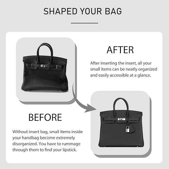 Purse Organizer Insert for Hermes Birkin, Lightweight Storage Divider for Luxury Handbag with YKK zipper Pocket, Premium Felt Large Capacity Bag Shaper(Birkin 25/ Black)