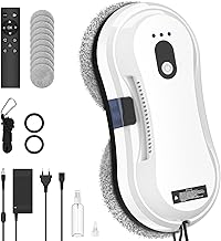 Window Cleaning Robot with Water Jet, 5600Pa Window Cleaner Robot with 35 ml Water Tank, 3 Cleaning Modes, Remote Control, Edge Detection, Safety System, 10 Cloths, for Smooth Surfaces