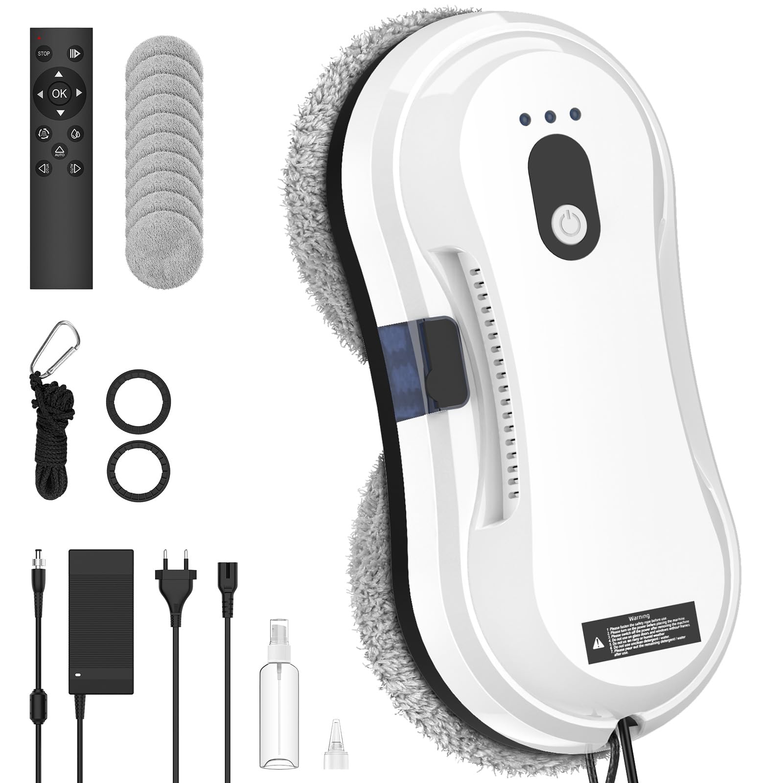 Robot Limpiacristales, 5600Pa Limpiacristales Electrico con Automática de Rociado de Agua, 35 ml Depósito de Agua, 3 Modos de Limpieza, Control Remoto, Detección de Bordes, 10 Paños