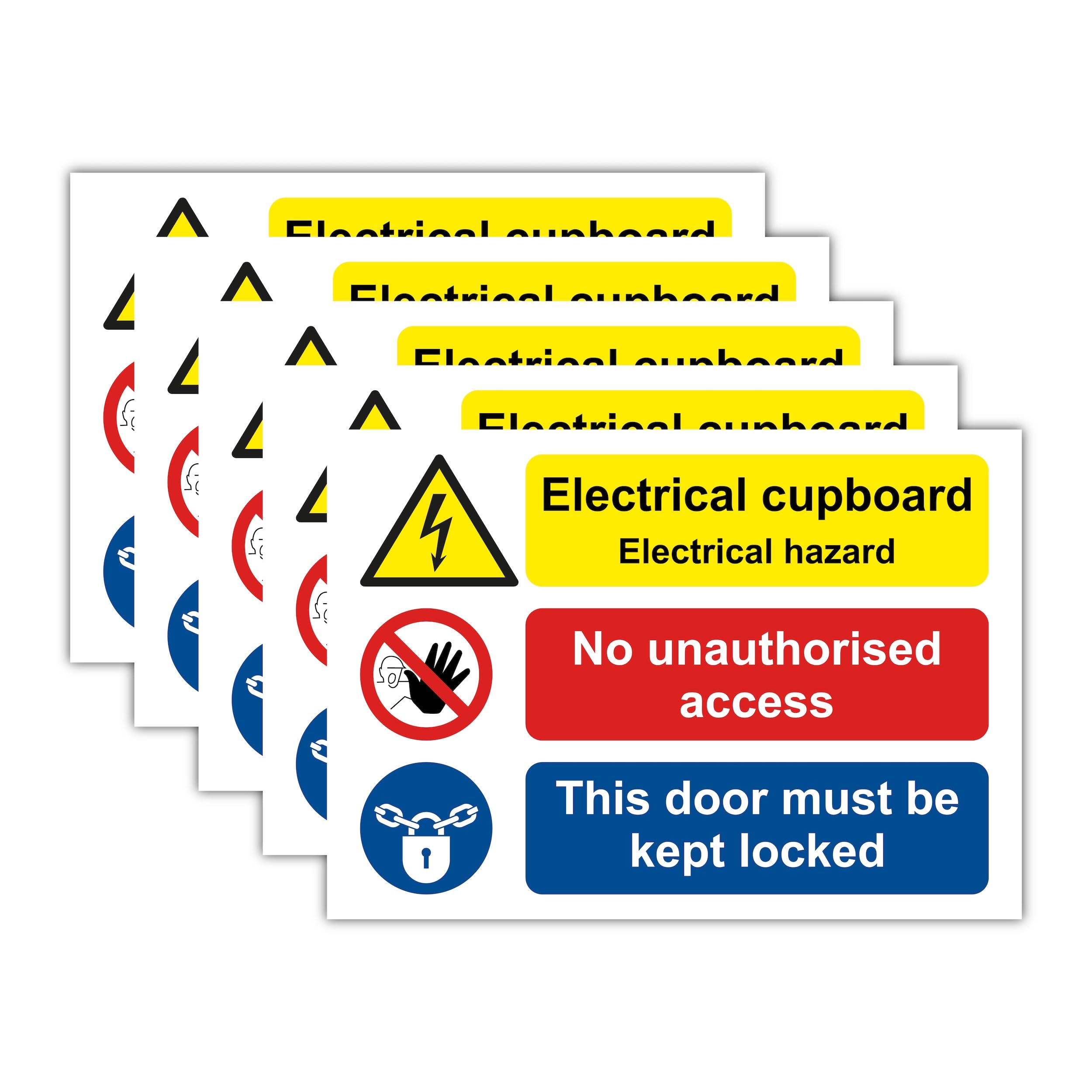 Pack of 5 Electrical Cupboard Safety Sign Labels (148 ร 210 mm), No Unauthorised Access โ This Door Must Be Kept Locked, Self Adhesive Polypropylene Stickers