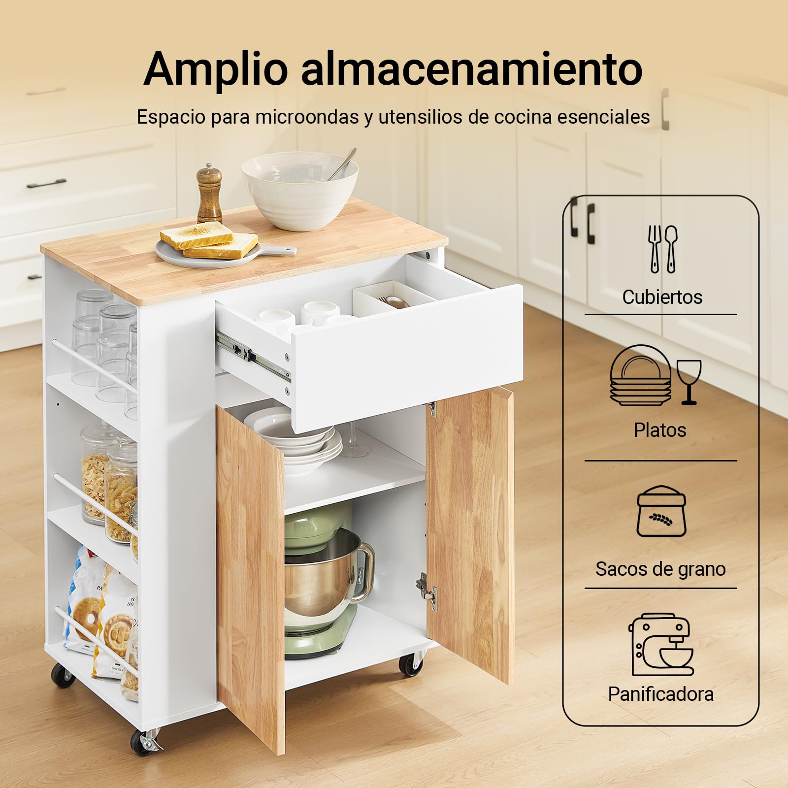 SoBuy Carrito de Cocina con Ruedas, 3 Estantes con Barras, 70×90×40cm | Isla de Cocina con Cajón, Armario & Estantes Ajustables, carga 68 kg, MDF/madera de caucho, para cocina & comedor, FKW132-WN