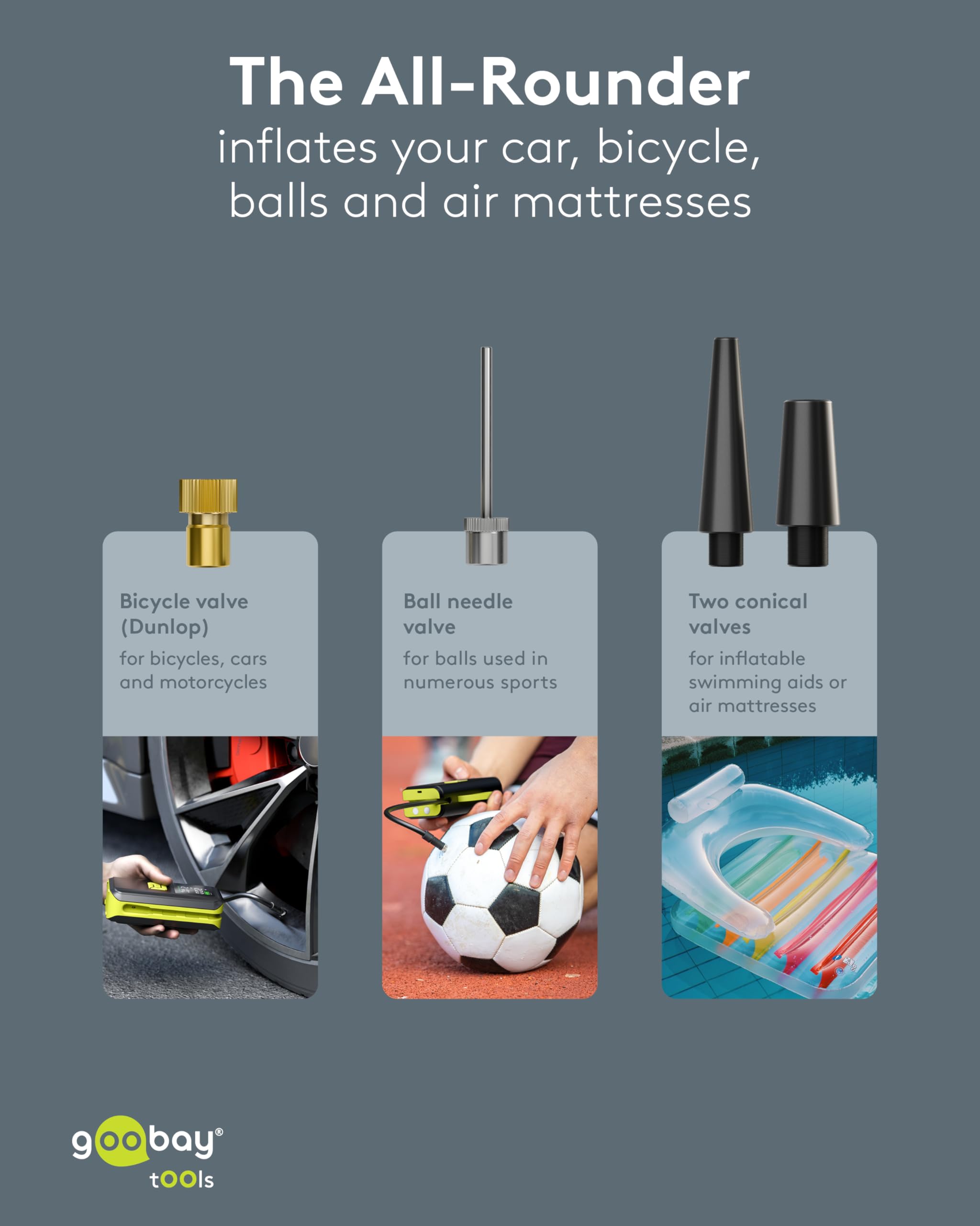 goobay - Pompe à air électrique sans fil 10 bar/150 PSI - Batterie 2Ah, 5V, avec lumière LED, 4 adaptateurs de soupapes, écran LED, compresseur pour pneus et balles de voiture, moto, vélo, port USB-C