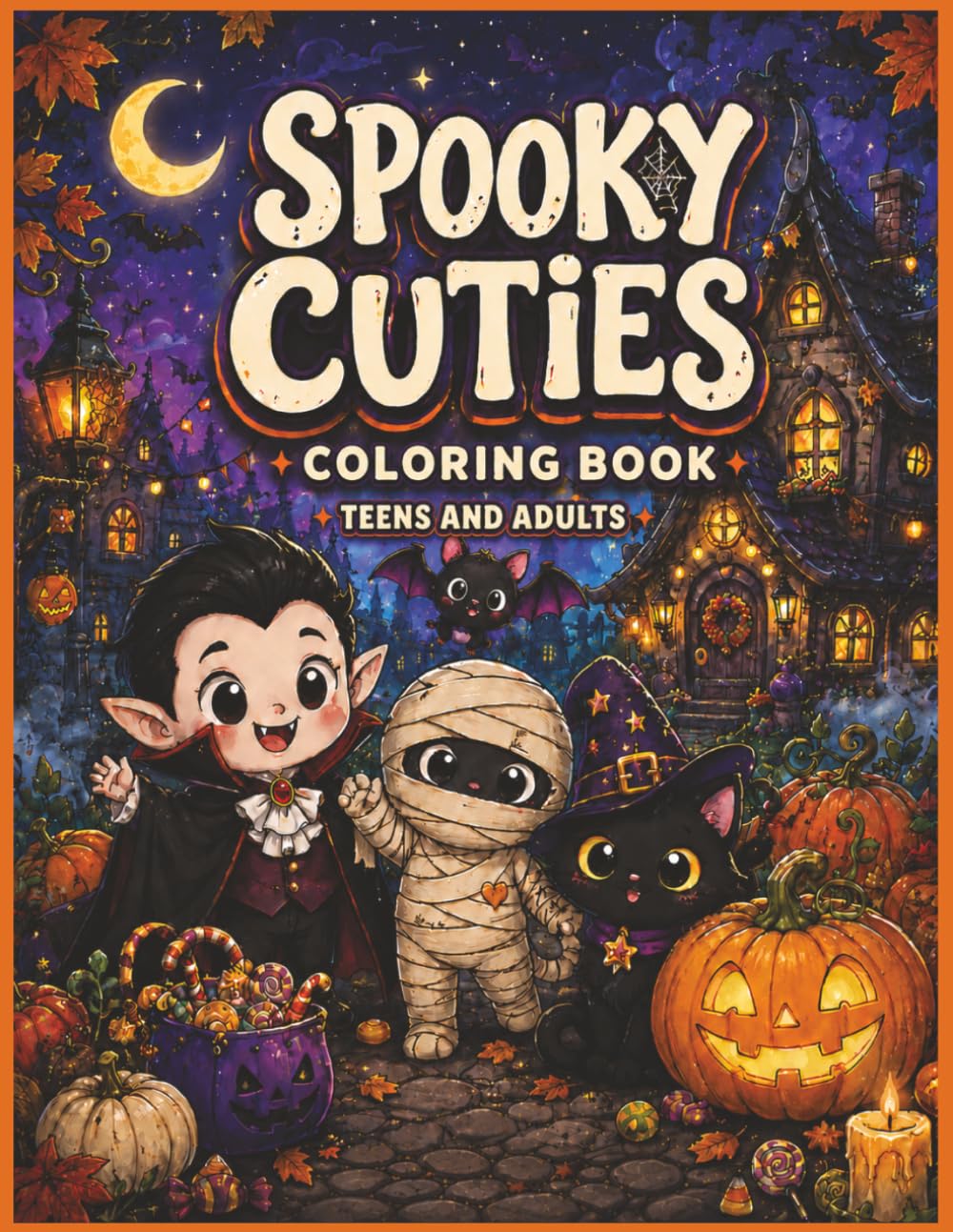 Spooky Cuties Coloring Book for Teens and Adults: 50 Single-Sided Cute and Creepy Halloween Designs Featuring Witches, Ghosts, Vampires, Mummies and Haunted Scenes