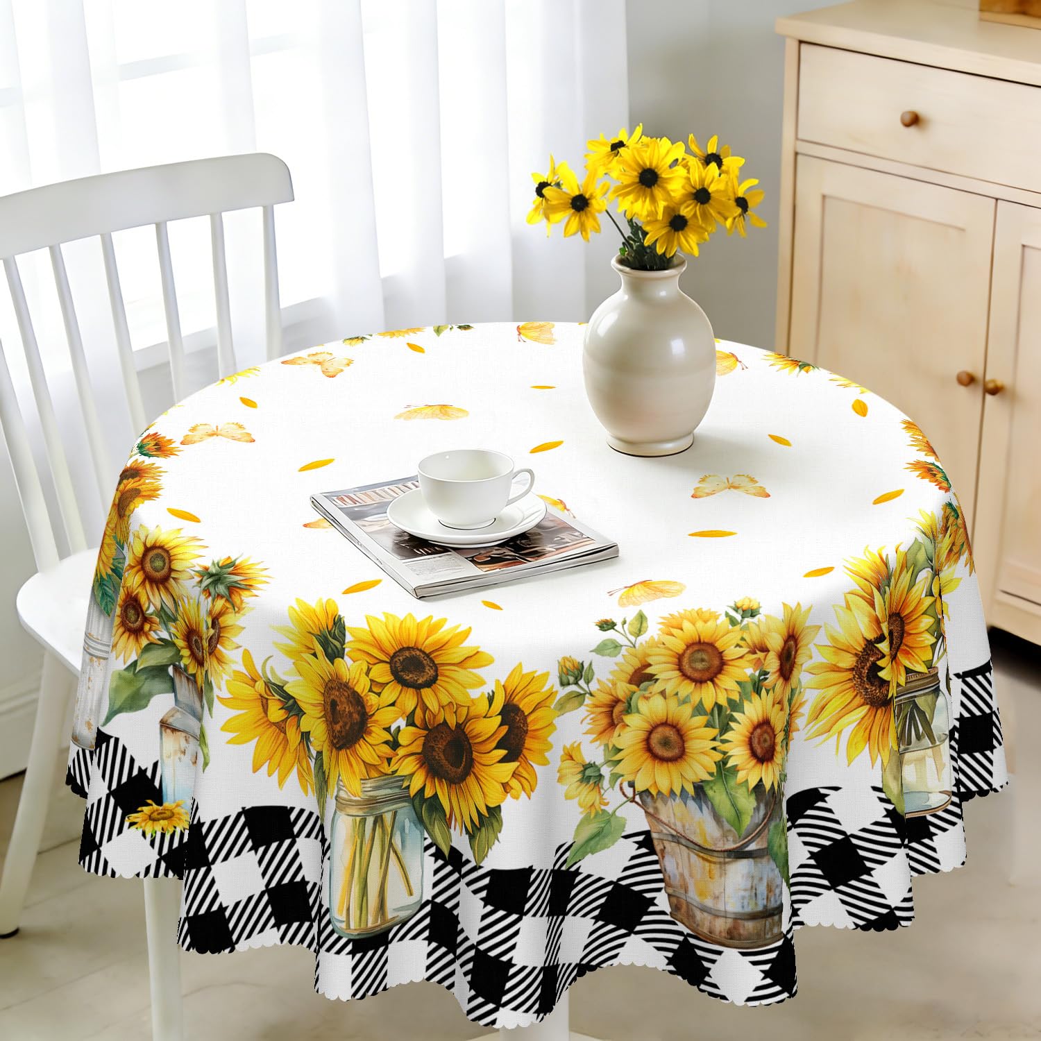 iEvery Sunflower Round Tablecloth Wipe Clean 140cm, Wipeable Circular Table Cloth Waterproof Stain-Resistant Polyester Table Cover for 4-6 Seater Dining Kitchen Patio Garden Party Outdoor Home Decor