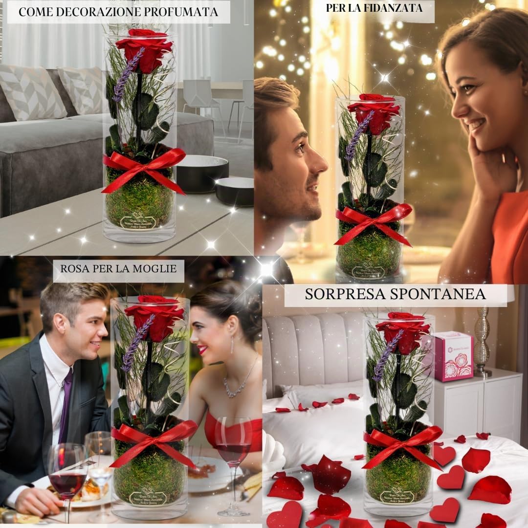 Rosen-Te-Amo | regalo festa della Mamma | rosa stabilizzata vera profumata con stelo in vaso per fiori in vetro | scatola dal design raffinato || Composizioni artigianali rosa eterna| regalo donna