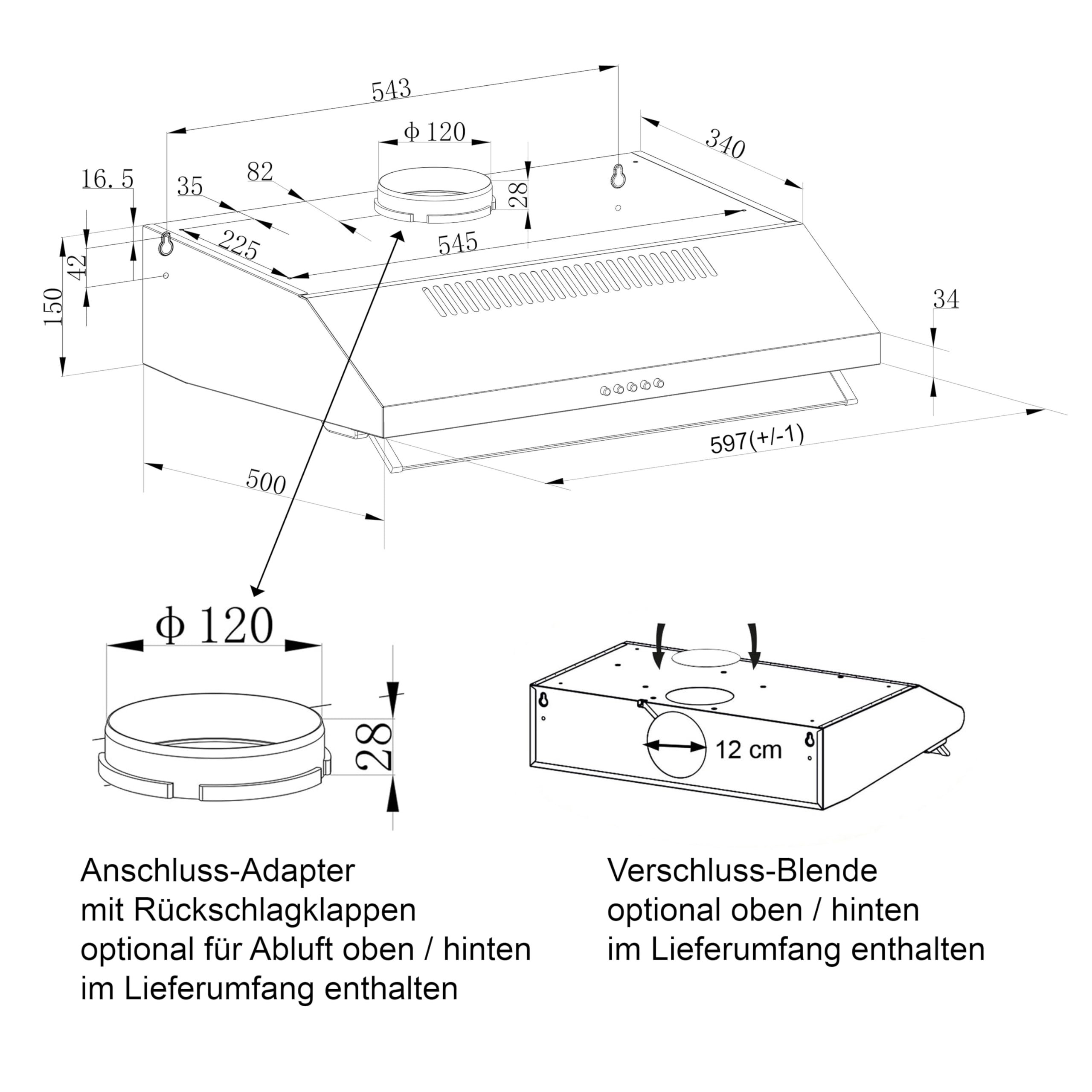 NEG NEG15-AT Unterbau Dunstabzugshaube Edelstahl 200 m³/h Abluft Umluft LED-Beleuchtung 60x50x15 cm