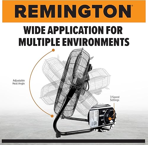 Miniatura 4 de Remington Ventilador de piso de alta velocidad, unidad de refrigeración portátil de 3 velocidades, flujo de aire de metal resistente para grandes