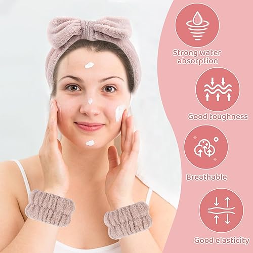 Miniatura 4 de Juego de 3 muñequeras para lavado de cara para mujeres y niñas, diadema de microfibra con pajarita, bandas absorbentes para lavado de spa, para el