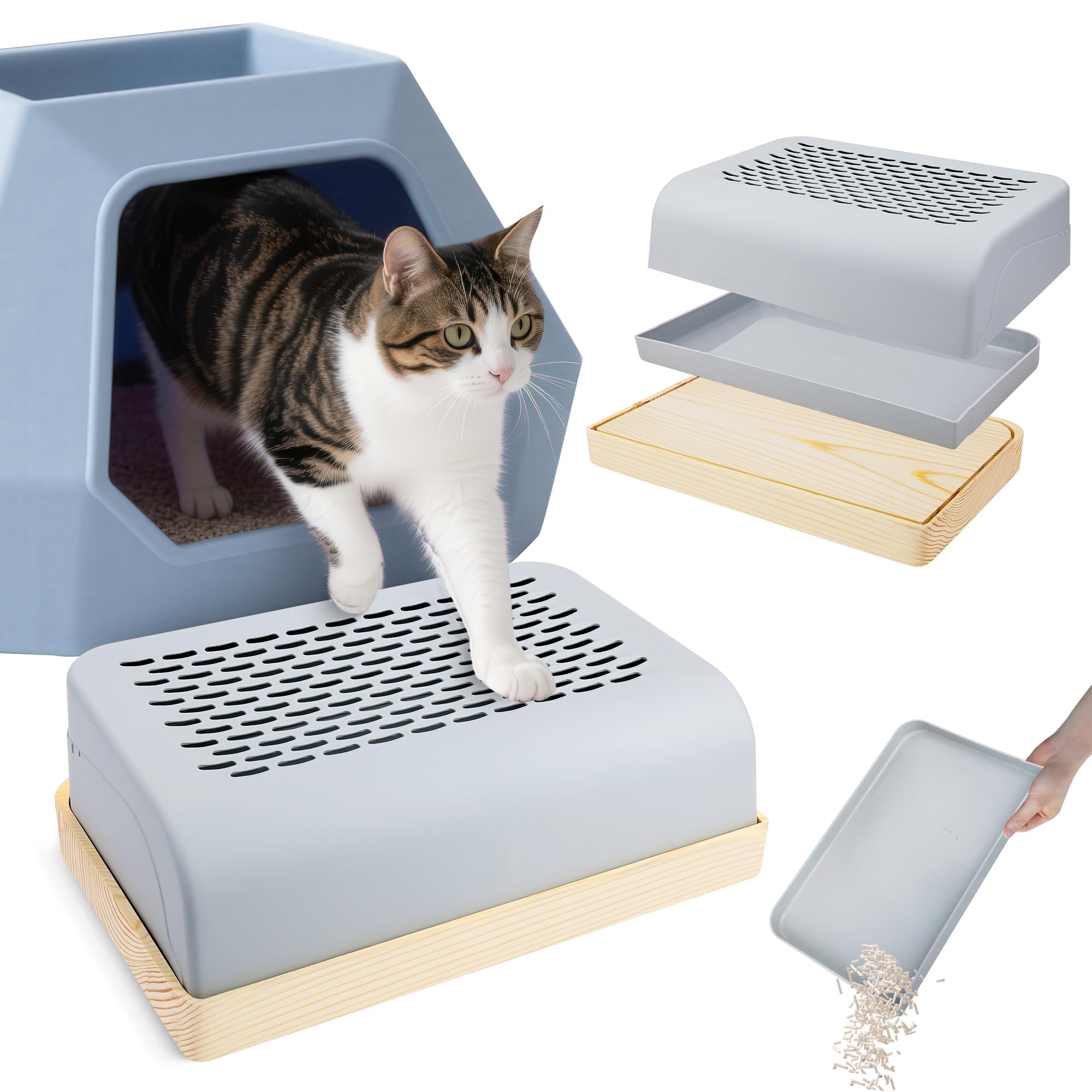 Caja de arena para gatos mayores de fácil acceso y base de madera estable 1