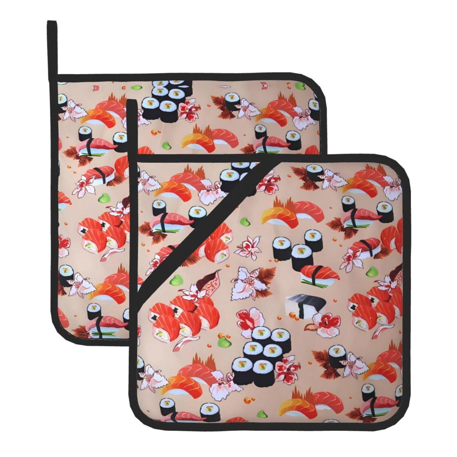 YYHWHJDE Delicious Sushi Prints Square Hot Pads for Kitchen Counter - Waterproof Pot Holders with Hanging Loop, Durable Trivets for Microwave Oven - 2 Pack