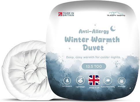 SleepyNights 13.5 Tog Single Duvet Quilt   Winter Warm Extra Cosy Bedding   Anti Allergy Hollowfibre Duvet, Soft & Breathable   Made in UK & Non-Allergenic 135 x 200cm