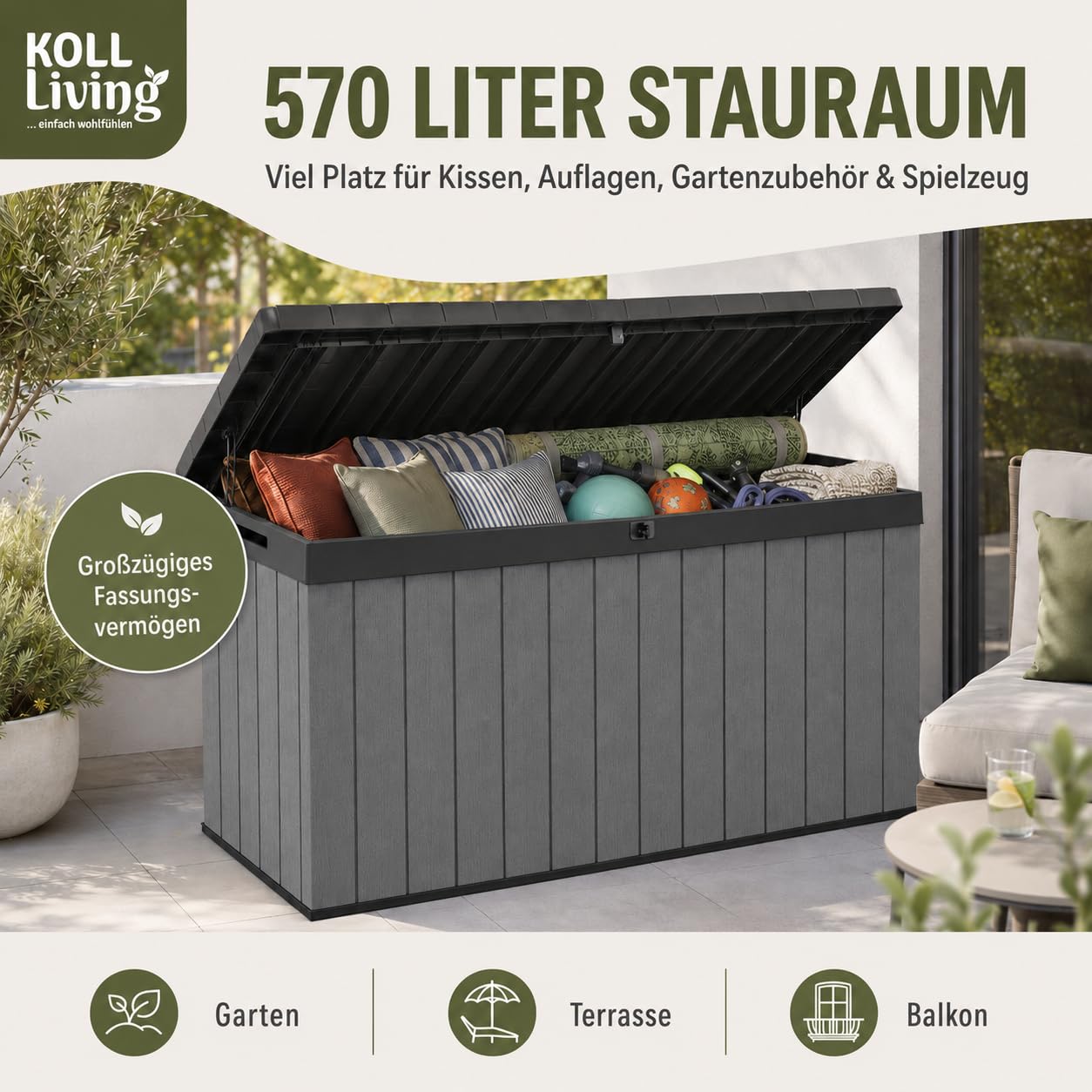 Koll Living Auflagenbox/Kissenbox 570 Liter l 100% Wasserdicht l mit Belüftung dadurch kein übler Geruch/Schimmel l Moderne Holzoptik l Deckel belastbar bis 300 KG (2 Personen)