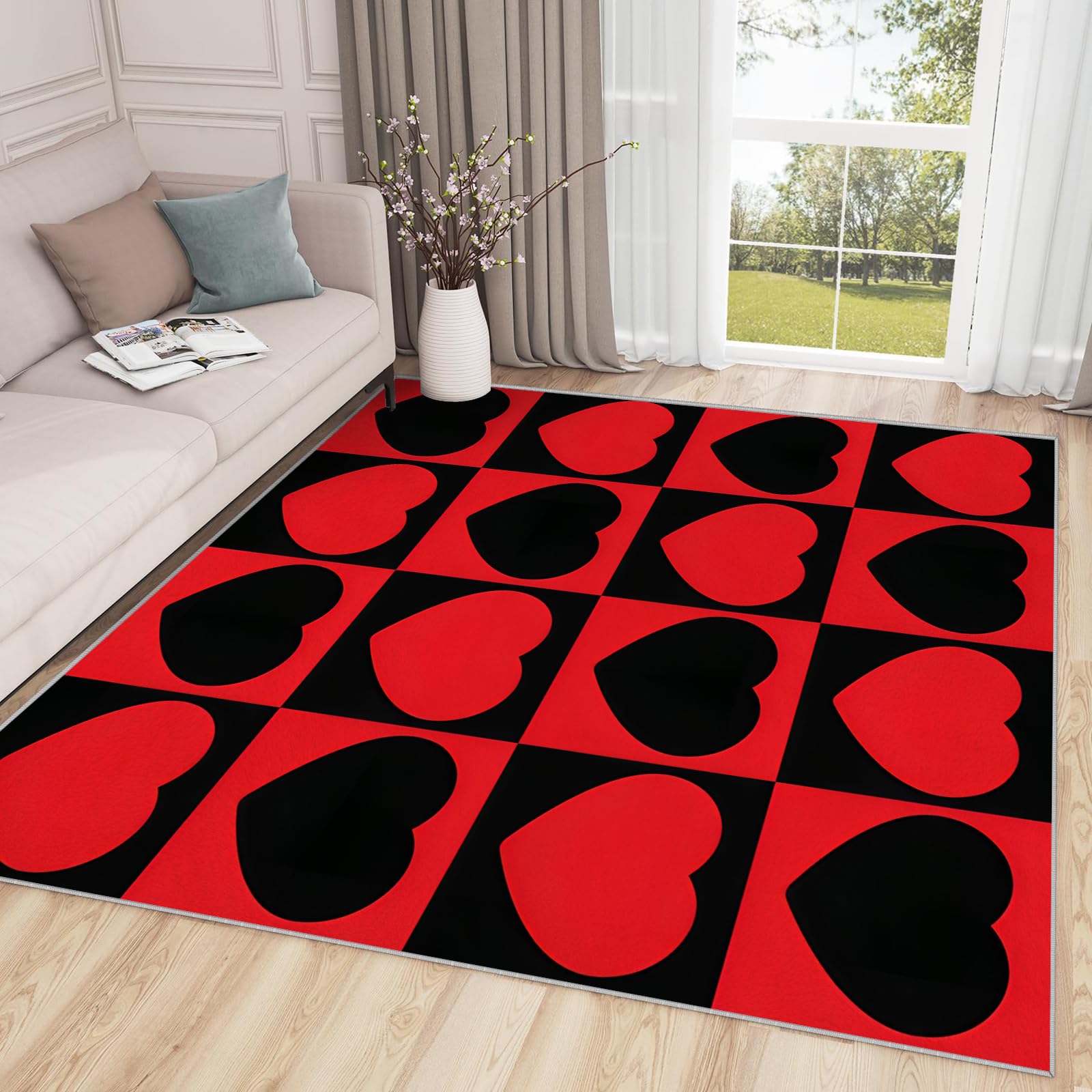 Großer waschbarer Kurzflor-Teppich 200x300, Herz Rot Schwarz Teppich modern Dünn Saugfähig Vielseitig für Wohnzimmer Schlafzimmer Oder Als Bettvorlege G171