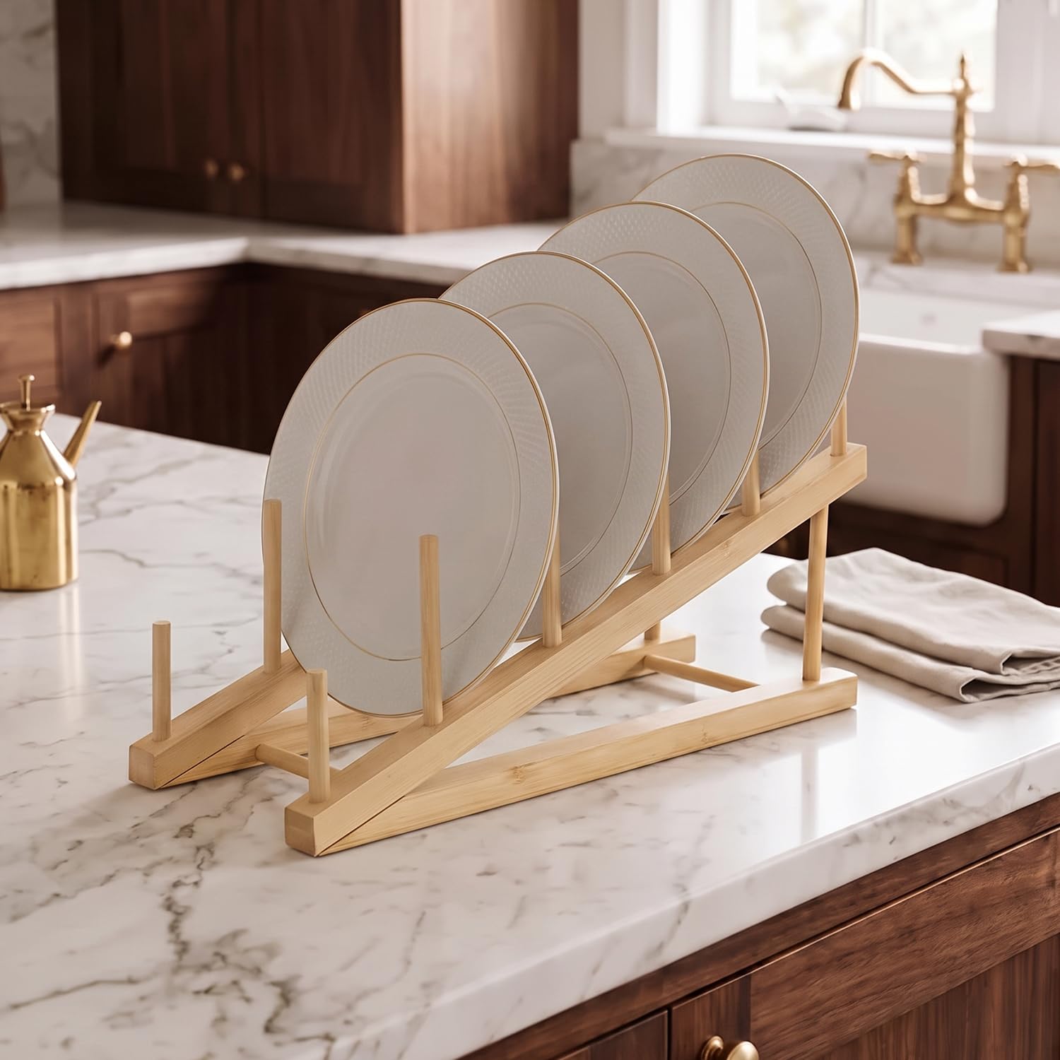 HOKIPO Bamboo Dish Drying Rack - 7 Slots -12