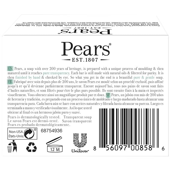 Pears Soap, Pure & Gentle with Lemon Flower Extract, 3-Pack Transparent Green Glycerin Soap for Radiant, Glowing Skin, 4.4 Oz Ea