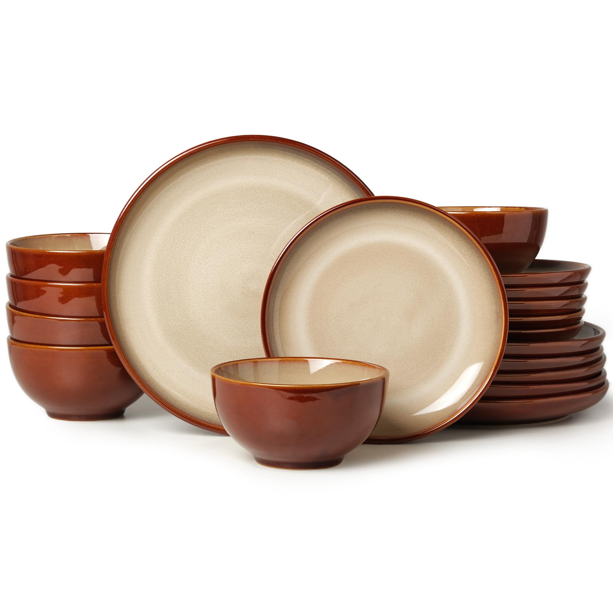 ceramic dinnerware sets for 6, 18 pieces stoneware plates and bowls sets, chip and crack resistant dishes, dishwasher & microwave safe dishware sets, brown yellow