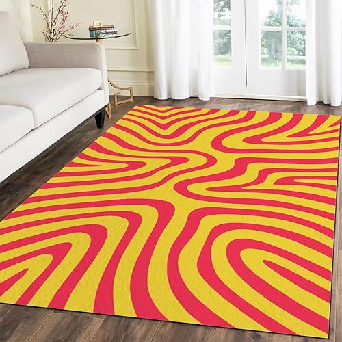Miniatura 4 de Middle-Century Red-Yellow Waves Texture Washable Area Rug 5x6ft Psychedelic Retro 70S Rugs for Living Room Ultra Soft Accent Bedroom Rug Indoor
