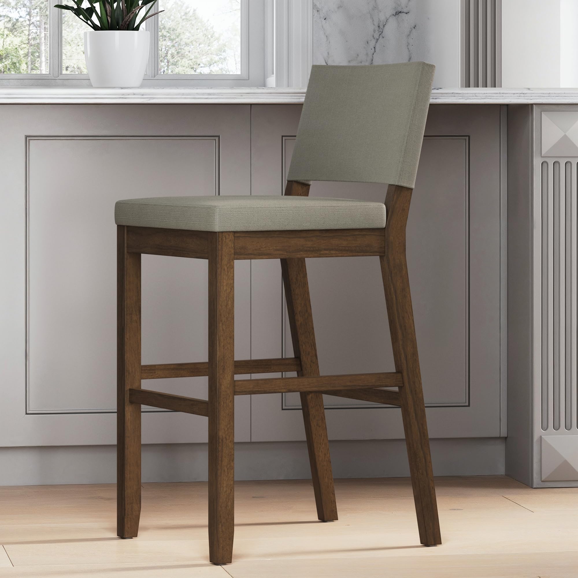 nathan james linus modern upholstered bar stool with back and solid rubberwood legs in a wire-brushed finish, light gray/dark brown