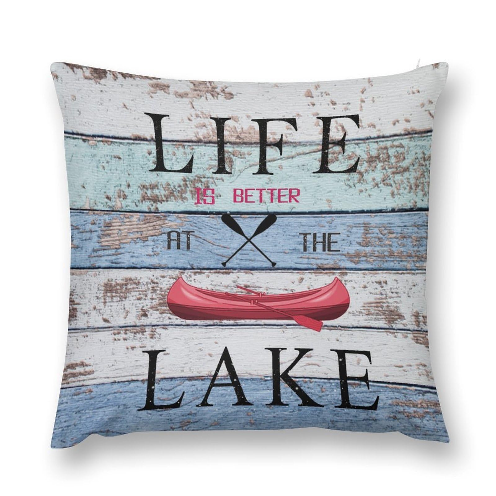 moderw Rustic Lake Cabin Throw Pillow Cover Lake House Camping Inspirational Quotes Couch Pillowcases Vintage Wooden Board Lodge Lakeside Cottage Sofa Cushion Case for Home Bed Decor 18x18inch